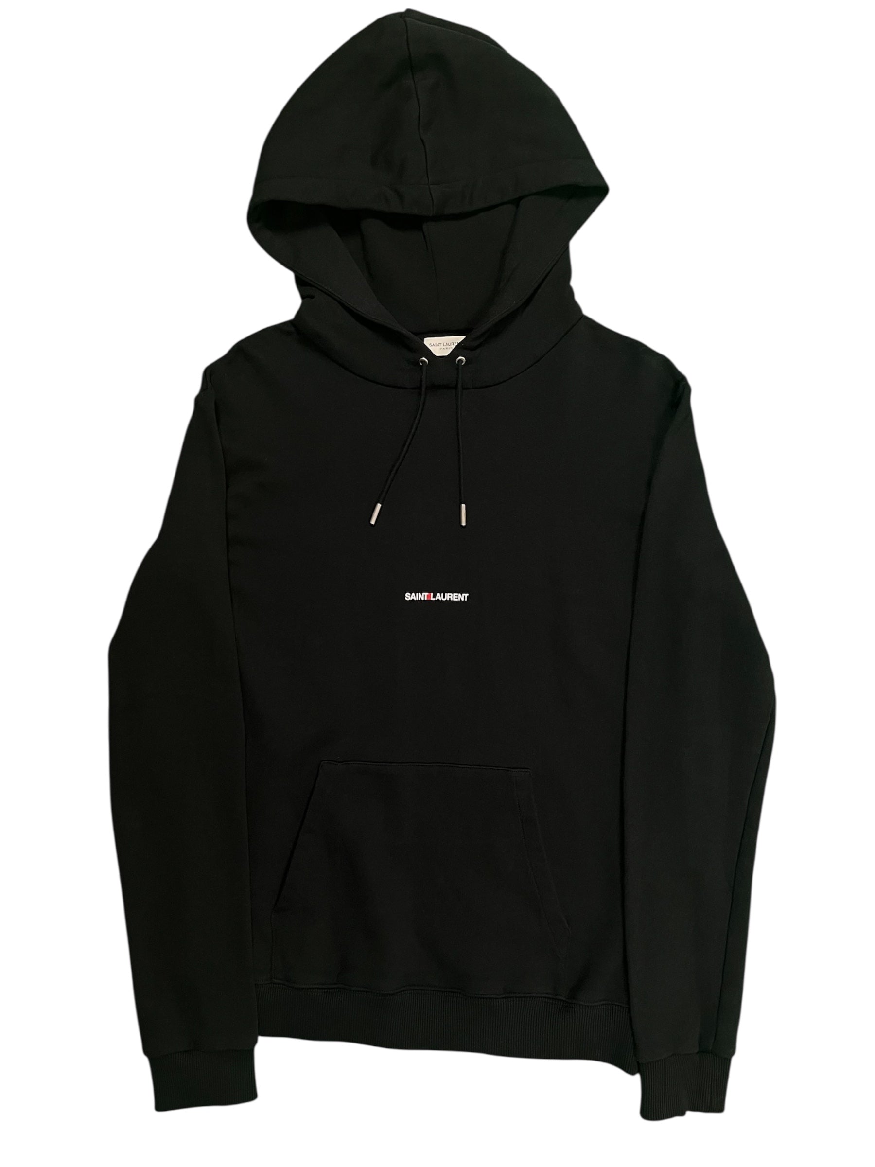 Saint Laurent SS17 small logo hoodie with front pocket, soft fabric, and minimalist design in black.