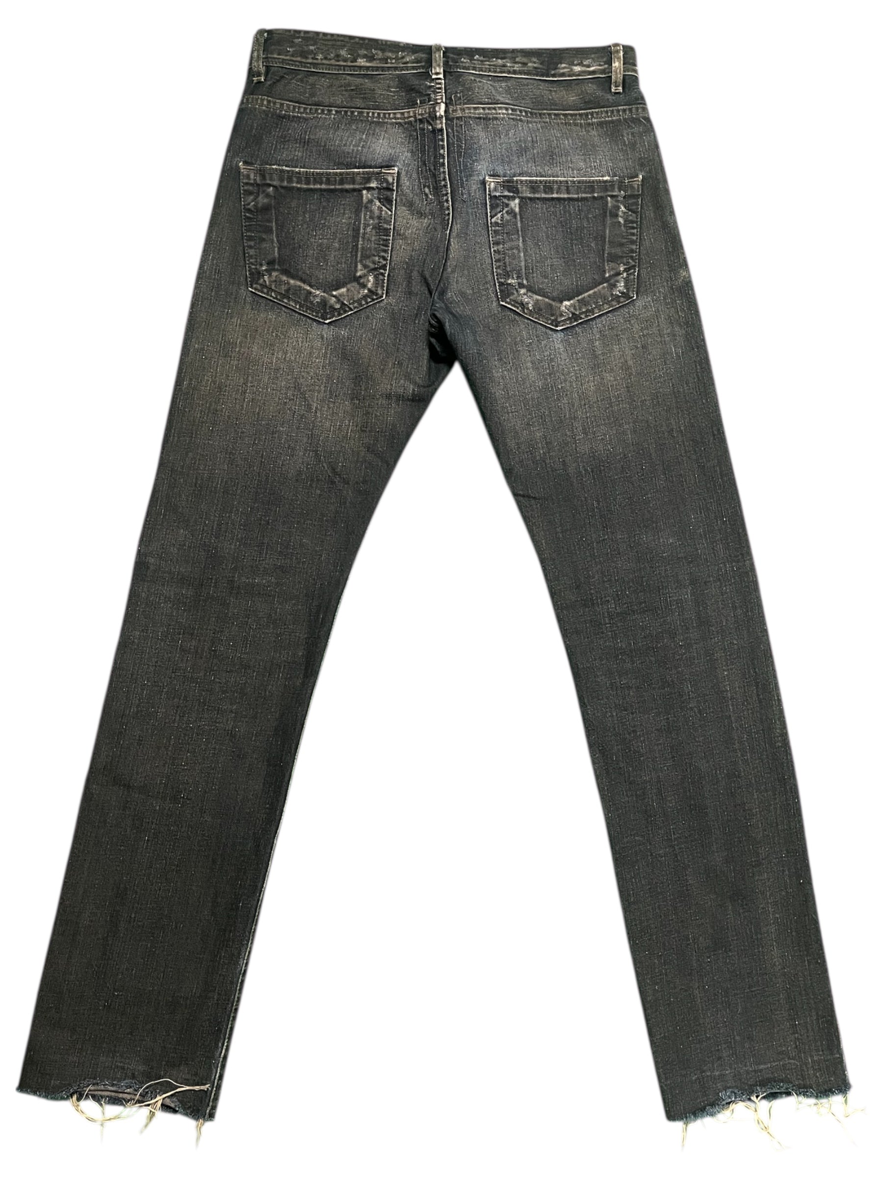 Rick Owens FW08 Stag Clawmark denim pants with distressed detailing and unique clawmark design on dark denim fabric.