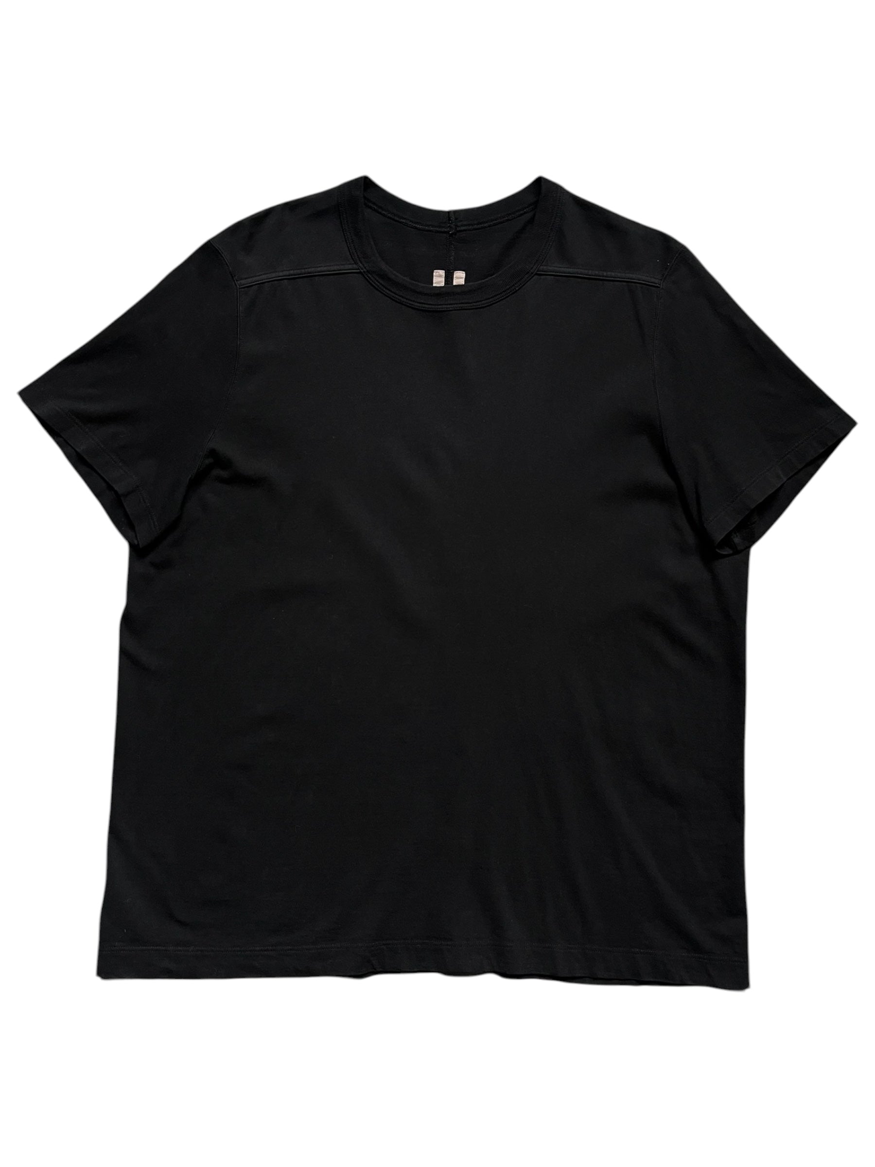 Black Rick Owens "EDFU" SS23 Level T-shirt with minimalist design and crew neckline, displayed flat on a neutral background.