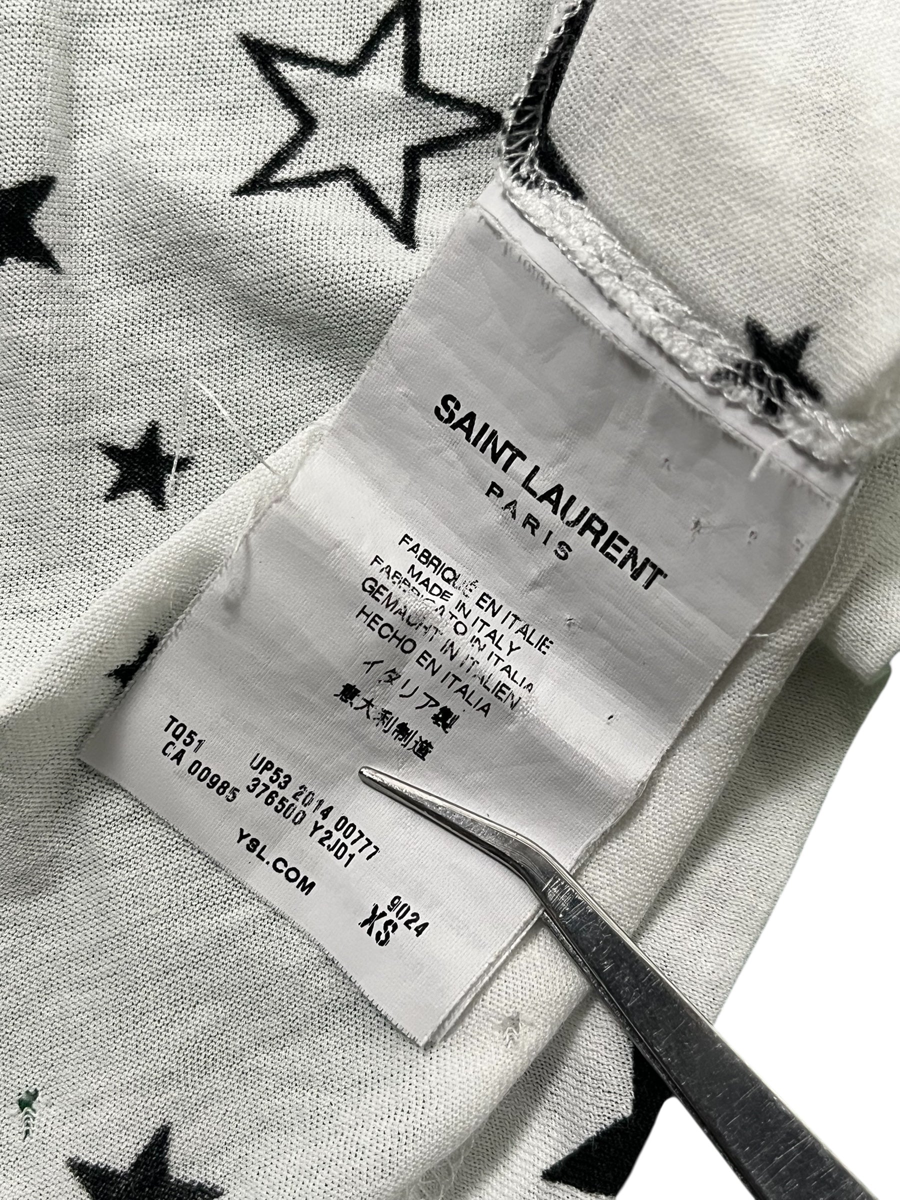 Saint Laurent SS14 Star T-Shirt showing a white t-shirt with star graphic front and classic crew neckline.