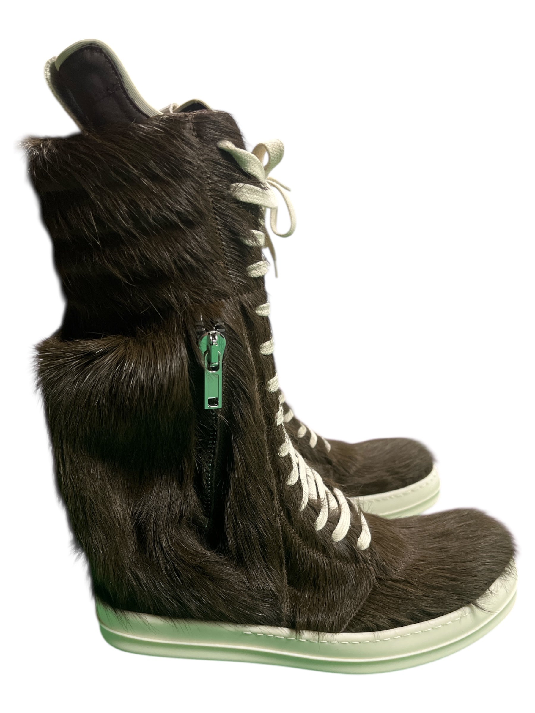 Rick Owens FW23 Luxor brown pony hair cargo Geobasket sneakers featuring rugged shoe design with textured pony hair accents.