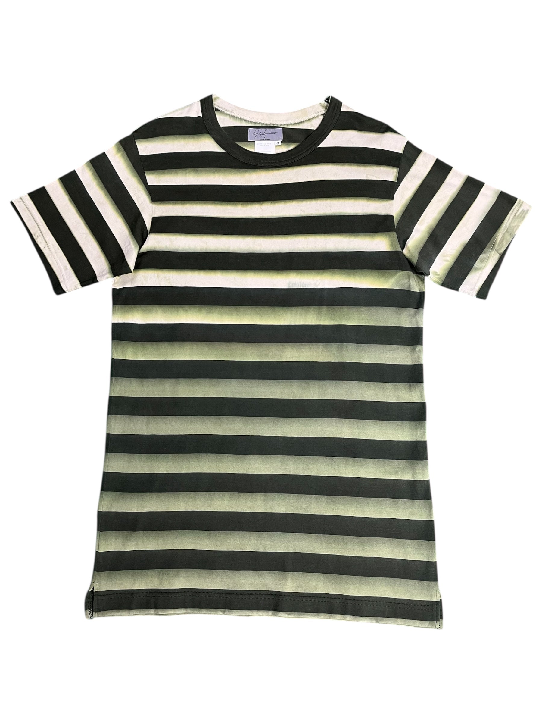 Yohji Yamamoto SS02 striped T-shirt featuring black and white horizontal stripes and a classic round neckline.