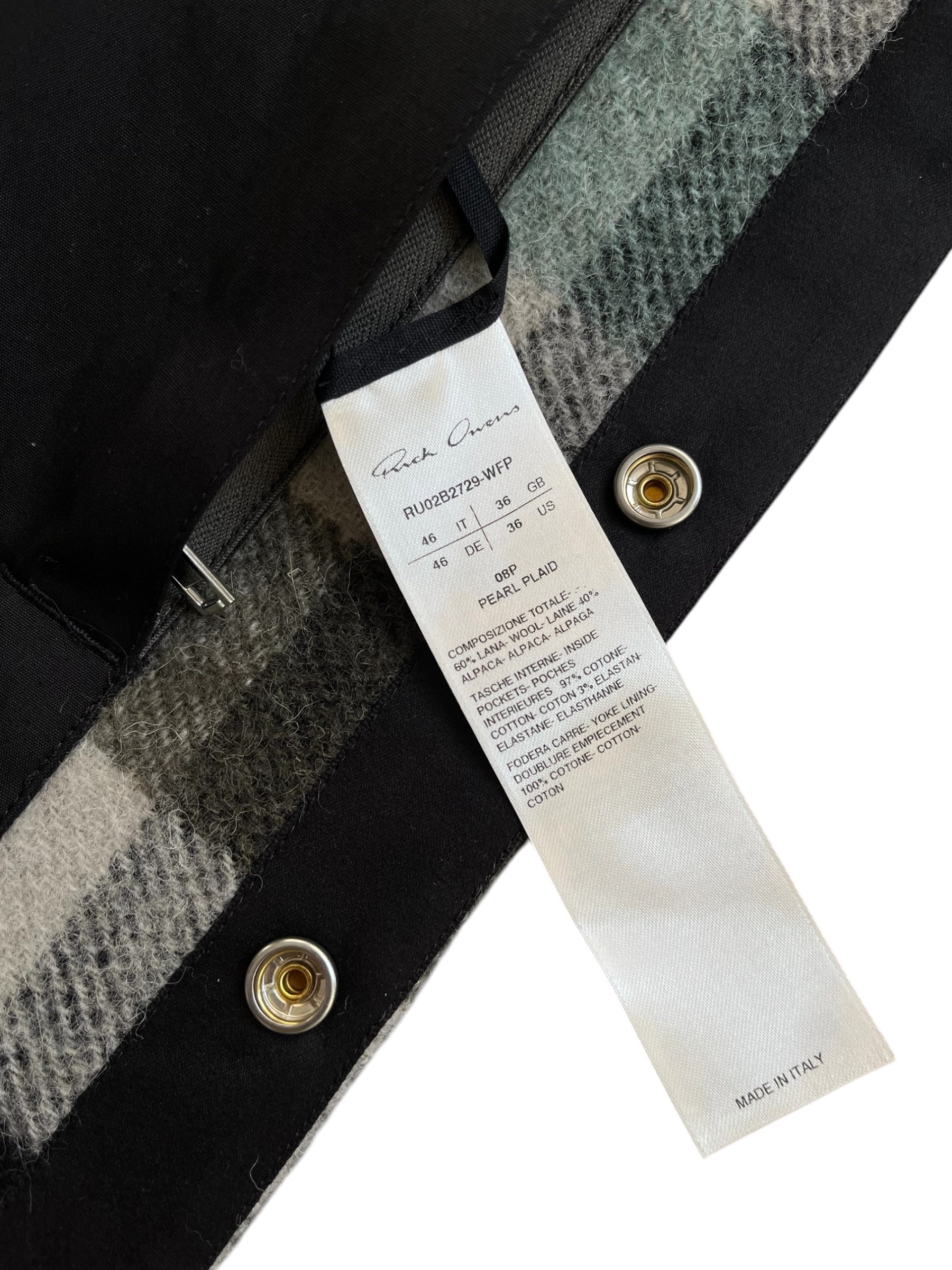 Rick Owens FW22 Strobe Pearl Plaid Alpaca Overshirt jacket with plaid pattern and plush alpaca fabric, shown on a hanger.
