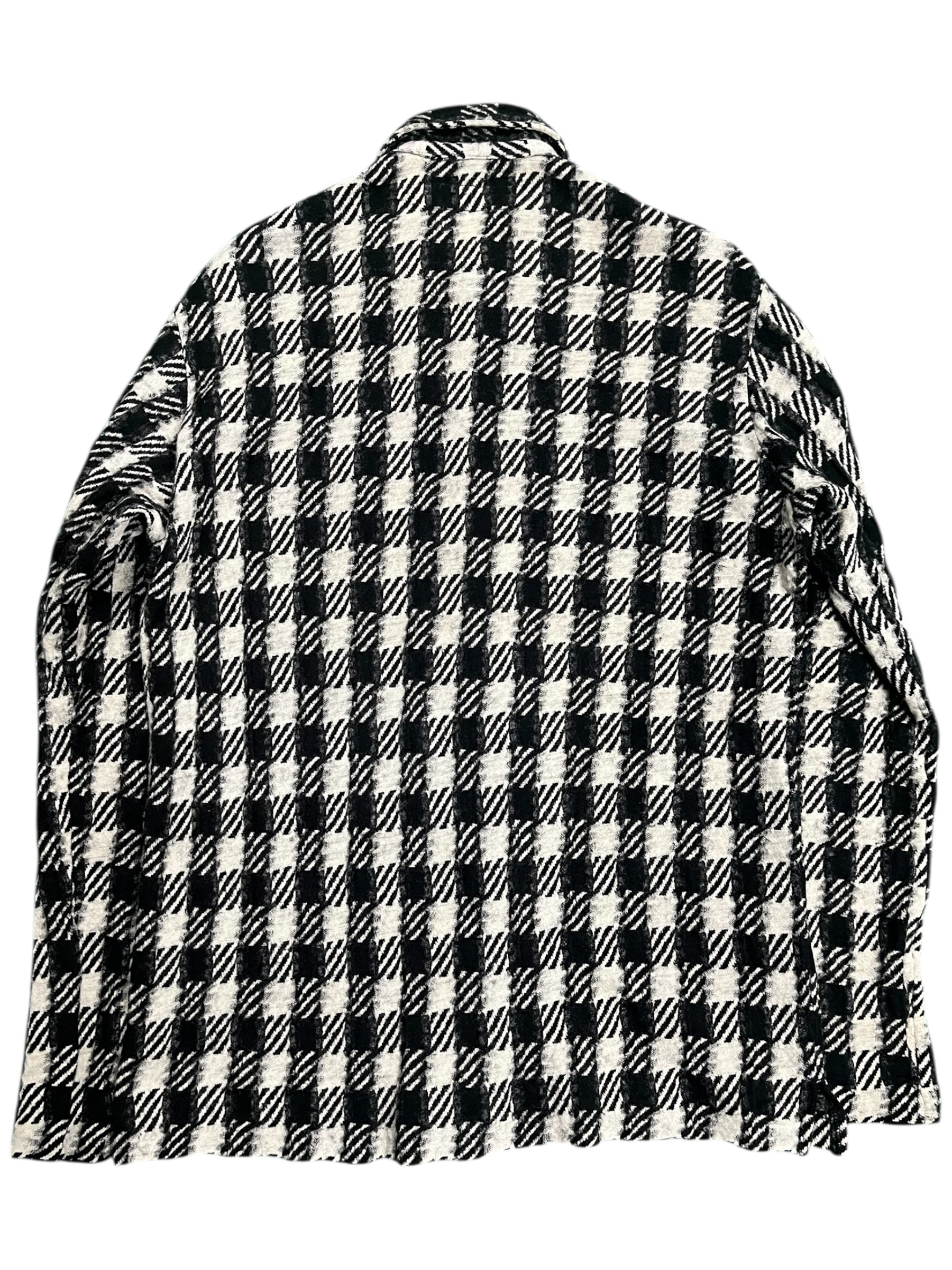 Yohji Yamamoto AW03 checkered wool flannel shirt with black and white pattern, long-sleeve design, and classic collar detail.