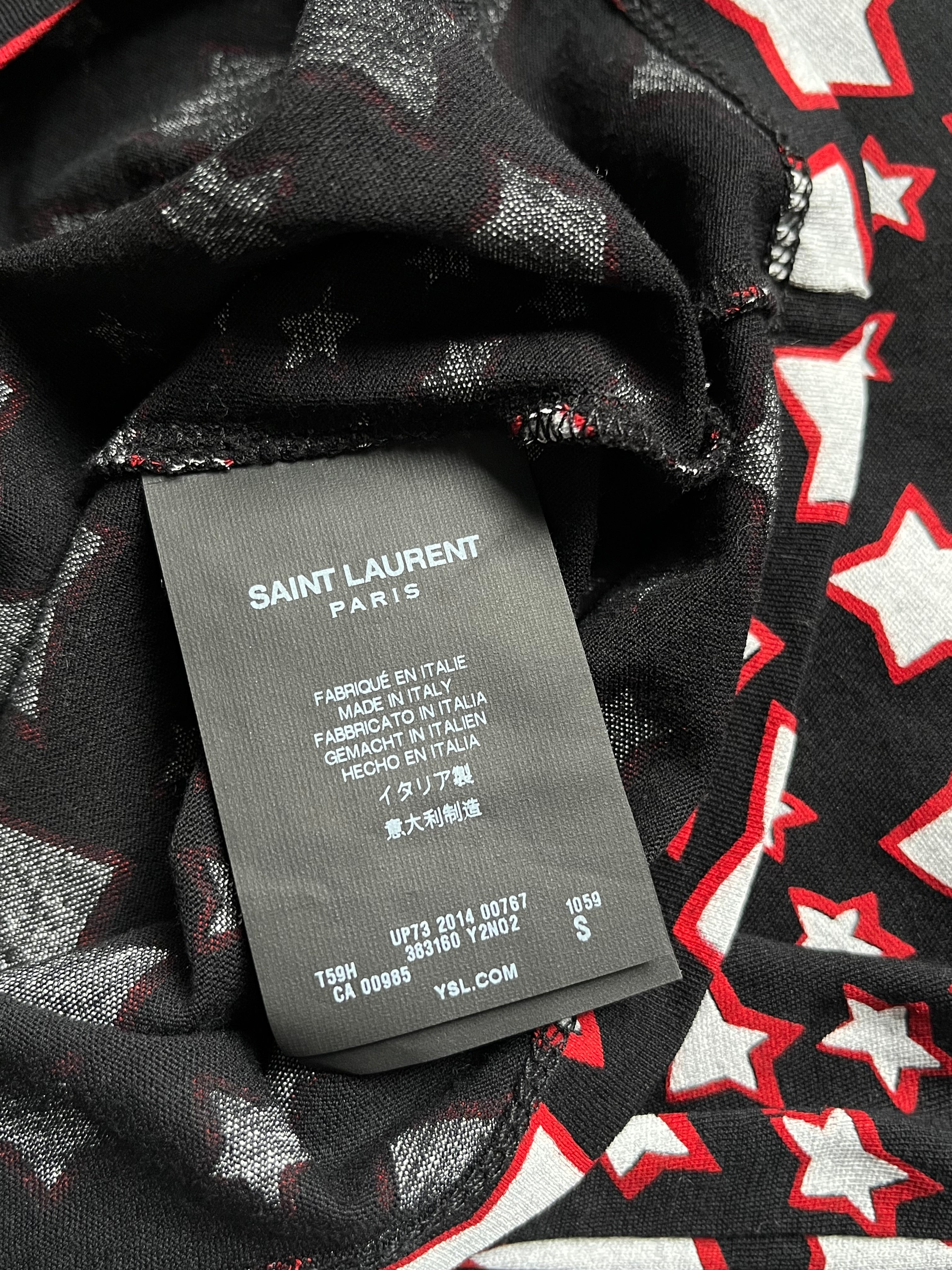 Saint Laurent SS14 black star T-shirt featuring a graphic star design on soft cotton fabric.