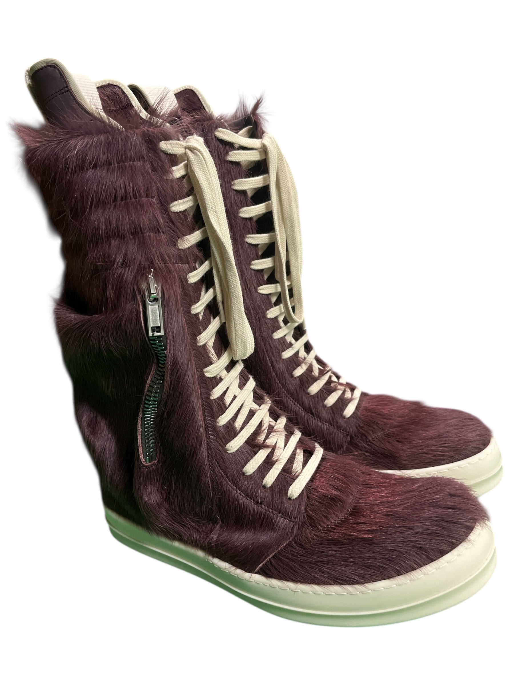Rick Owens FW23 Luxor Amethyst Pony Hair Cargo Geobasket Sneakers, side view showing rugged design and vibrant purple accents.
