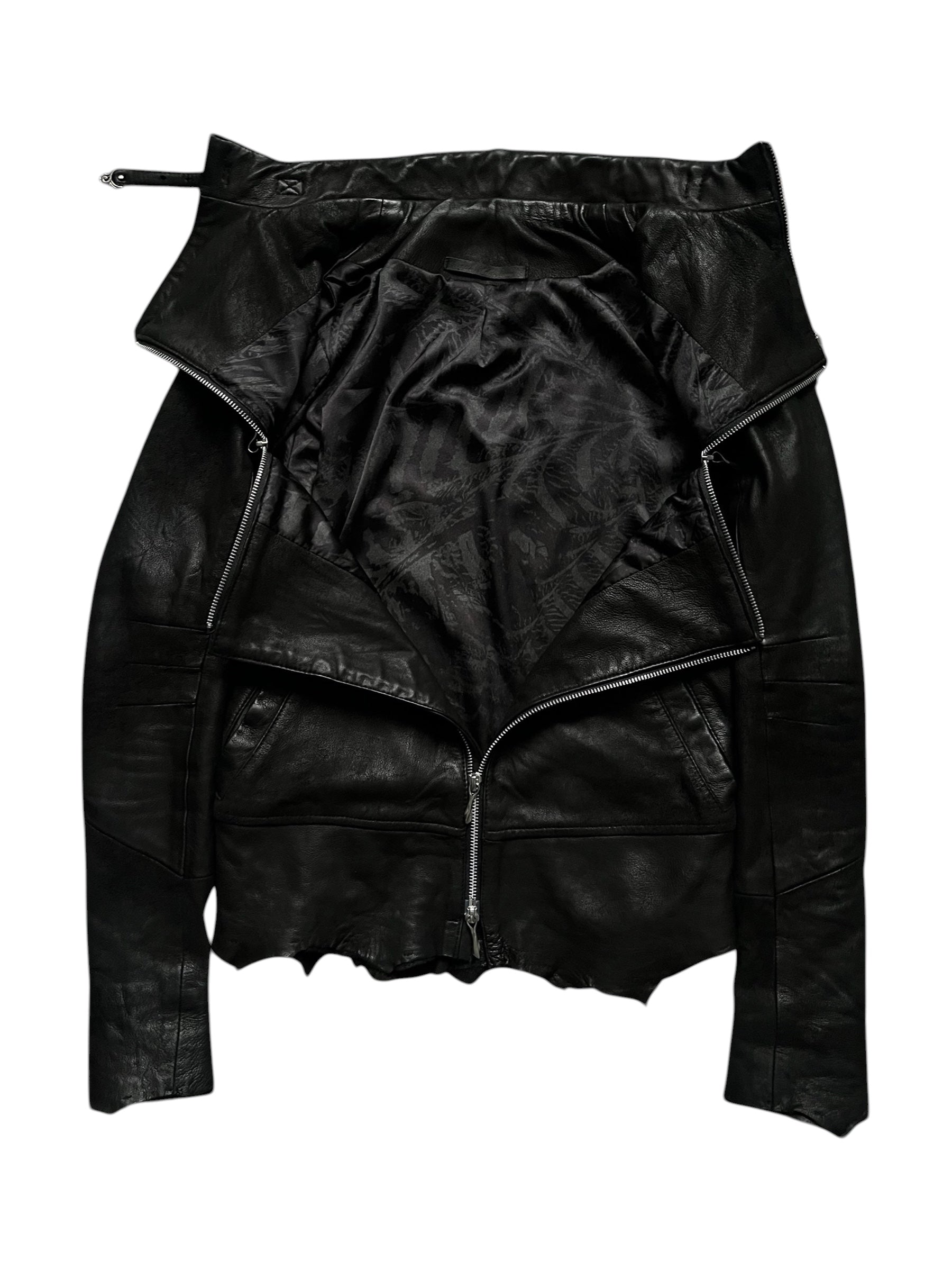 Black sheepskin jacket with cross-zip design by 14th Addiction, featuring a sleek, fitted style and front zipper details.