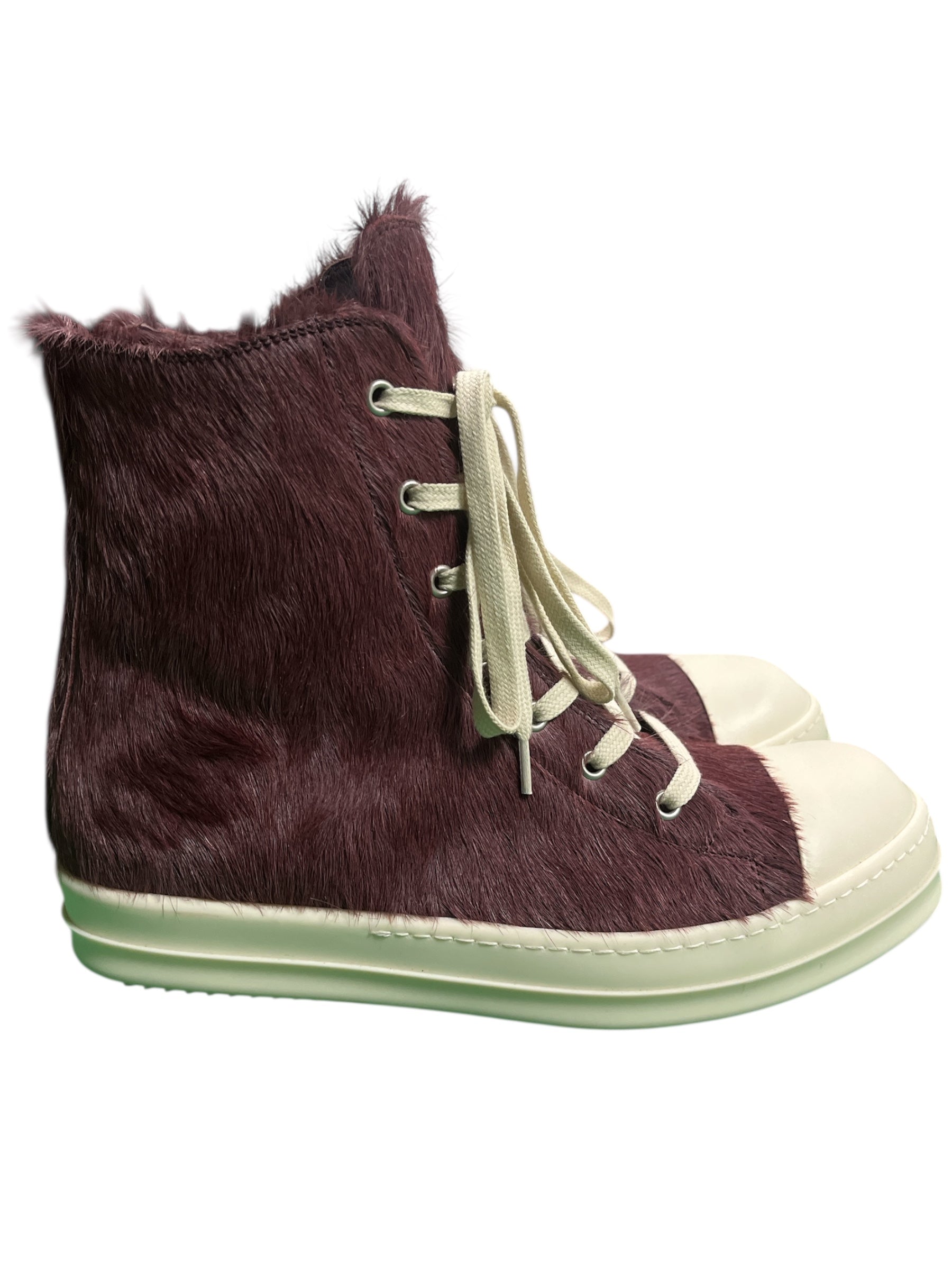 Rick Owens FW23 Luxor Amethyst Pony Hair Ramone Sneakers, stylish shoes with purple pony hair and modern design.