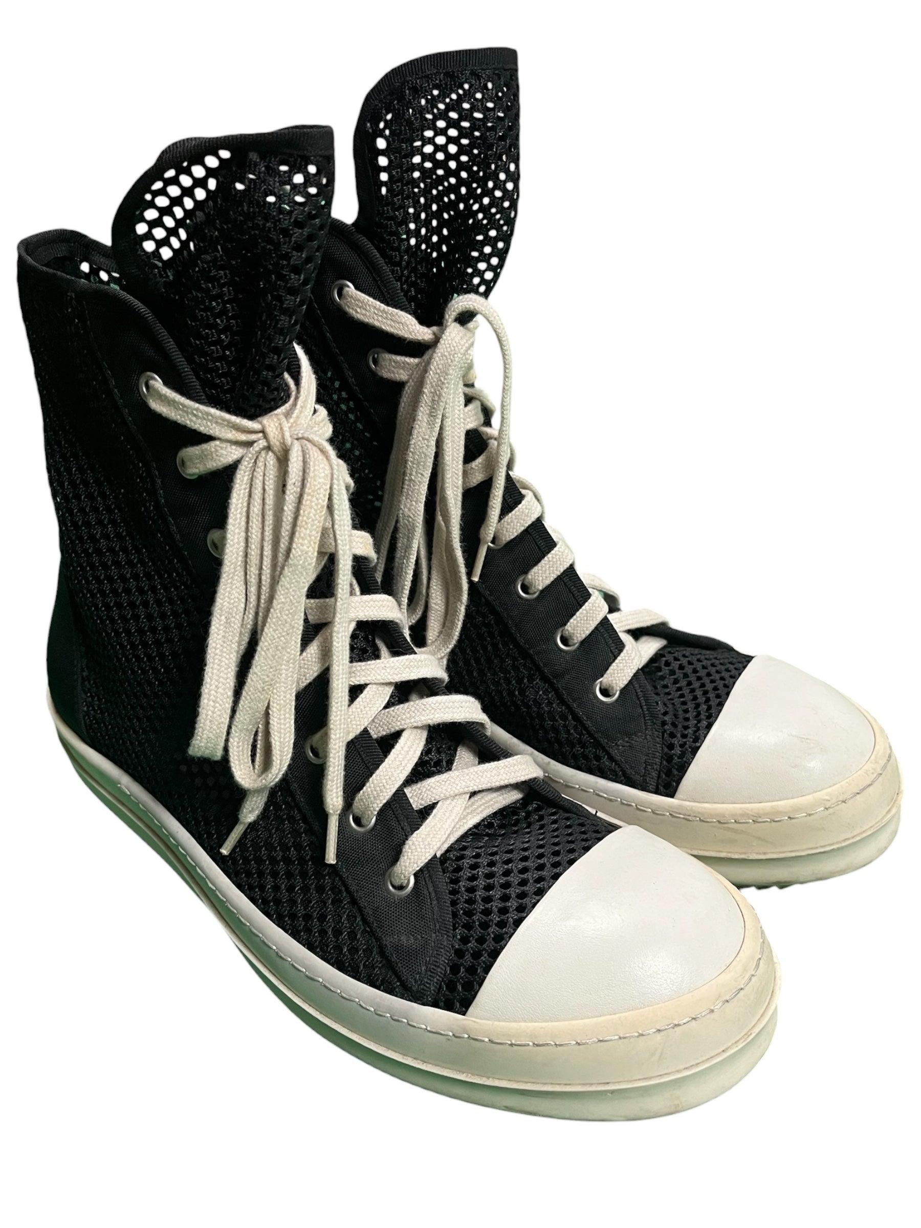 Rick Owens SS14 DRKSHDW Mesh Ramone Sneakers, black sneakers with mesh upper and chunky sole, showcasing streetwear-inspired design.