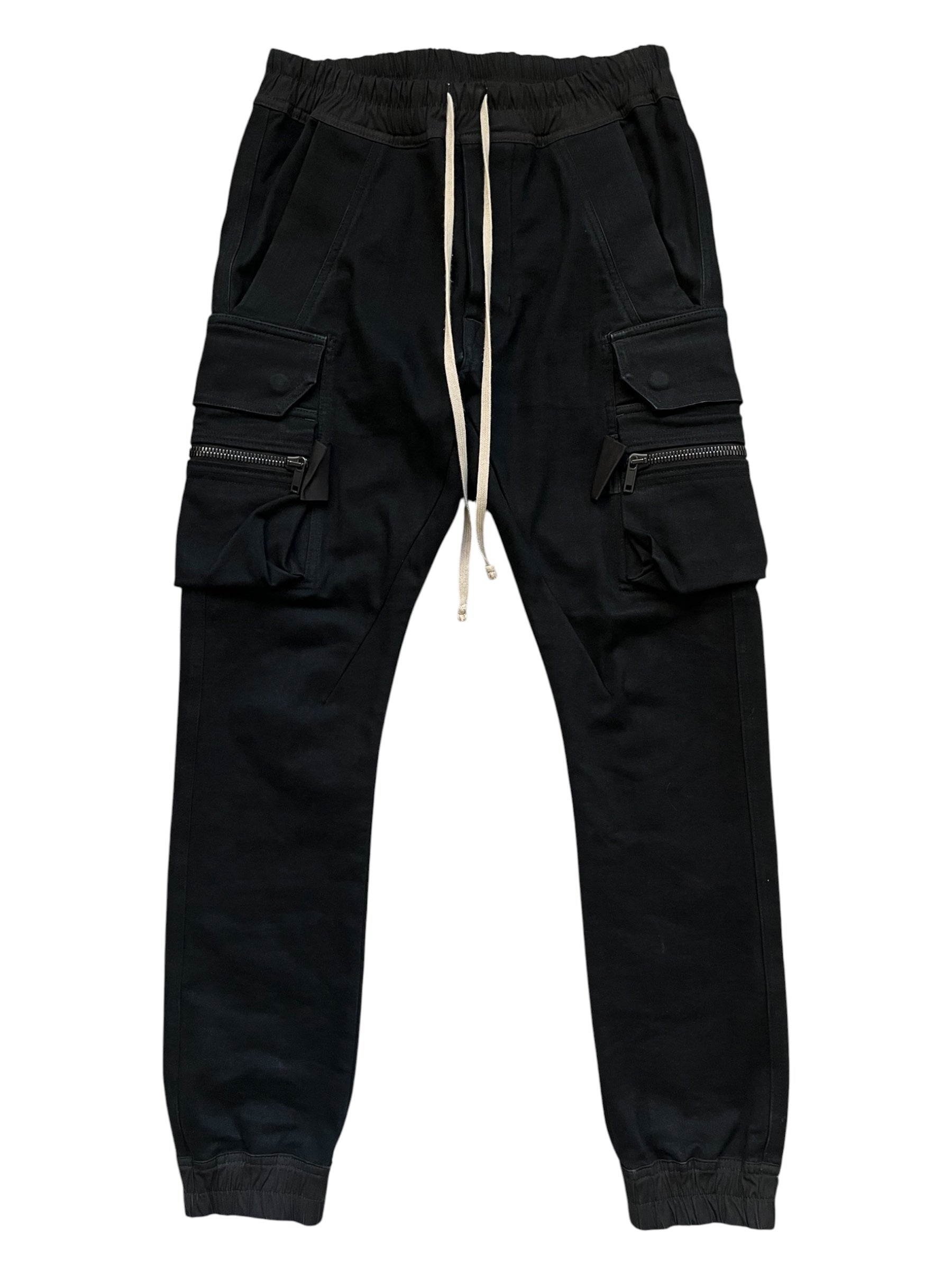 Rick Owens FW16 Mastodon cargo jogger pants with multiple pockets and tapered design, shown in black fabric.