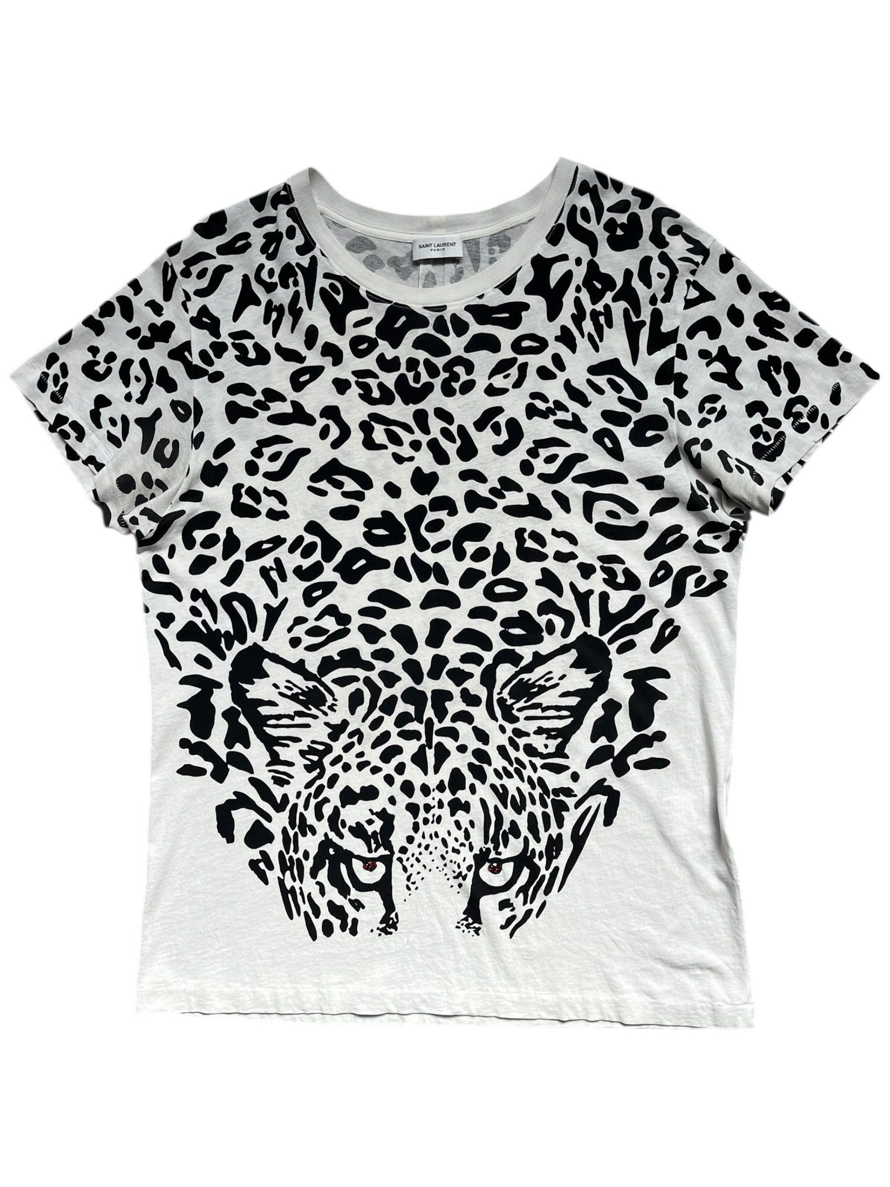 Saint Laurent AW16 leopard print T-shirt with classic crew neck and bold animal pattern, displayed on a flat white surface.