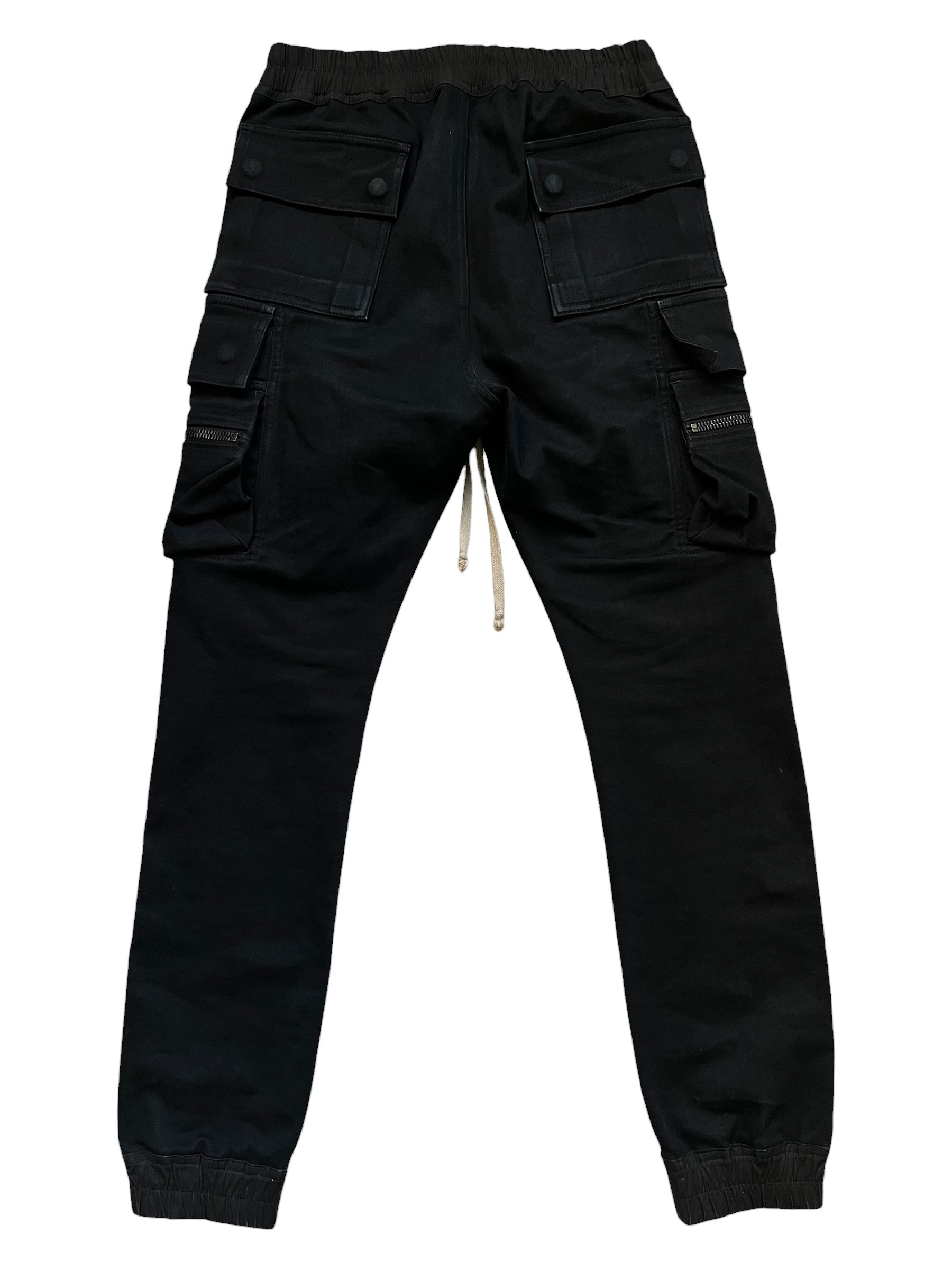 Rick Owens FW16 Mastodon cargo jogger pants with multiple pockets and relaxed fit, shown in dark fabric.