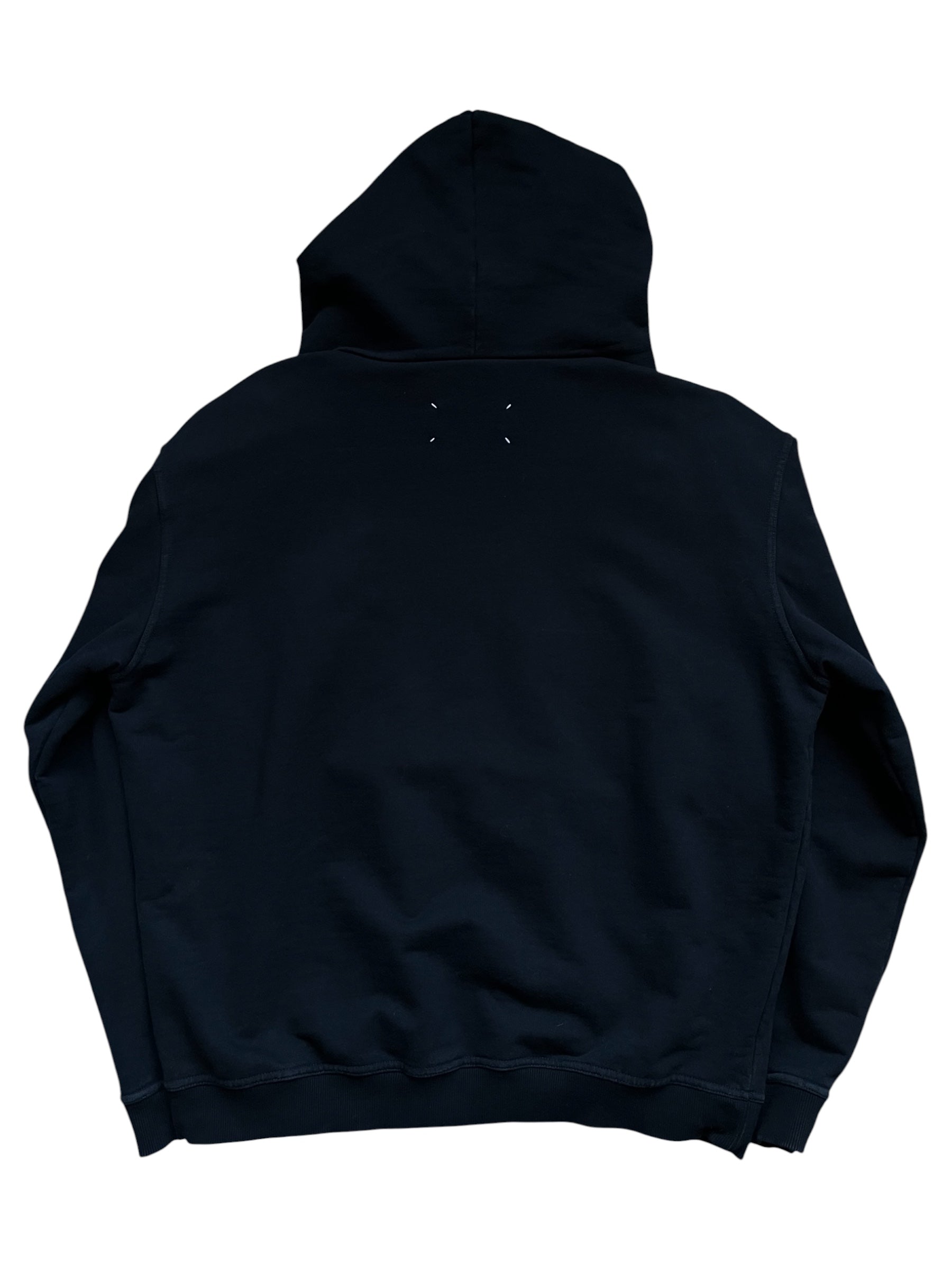 Maison Margiela SS22 Distorted Logo Hoodie showing front view with bold logo design and cozy fabric.