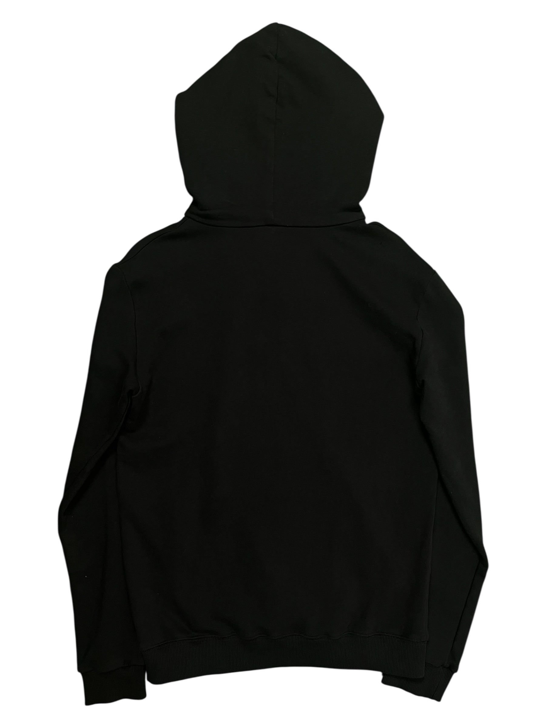 Saint Laurent SS17 small logo hoodie, black cotton hoodie with subtle logo print, front kangaroo pocket, and adjustable drawstrings.