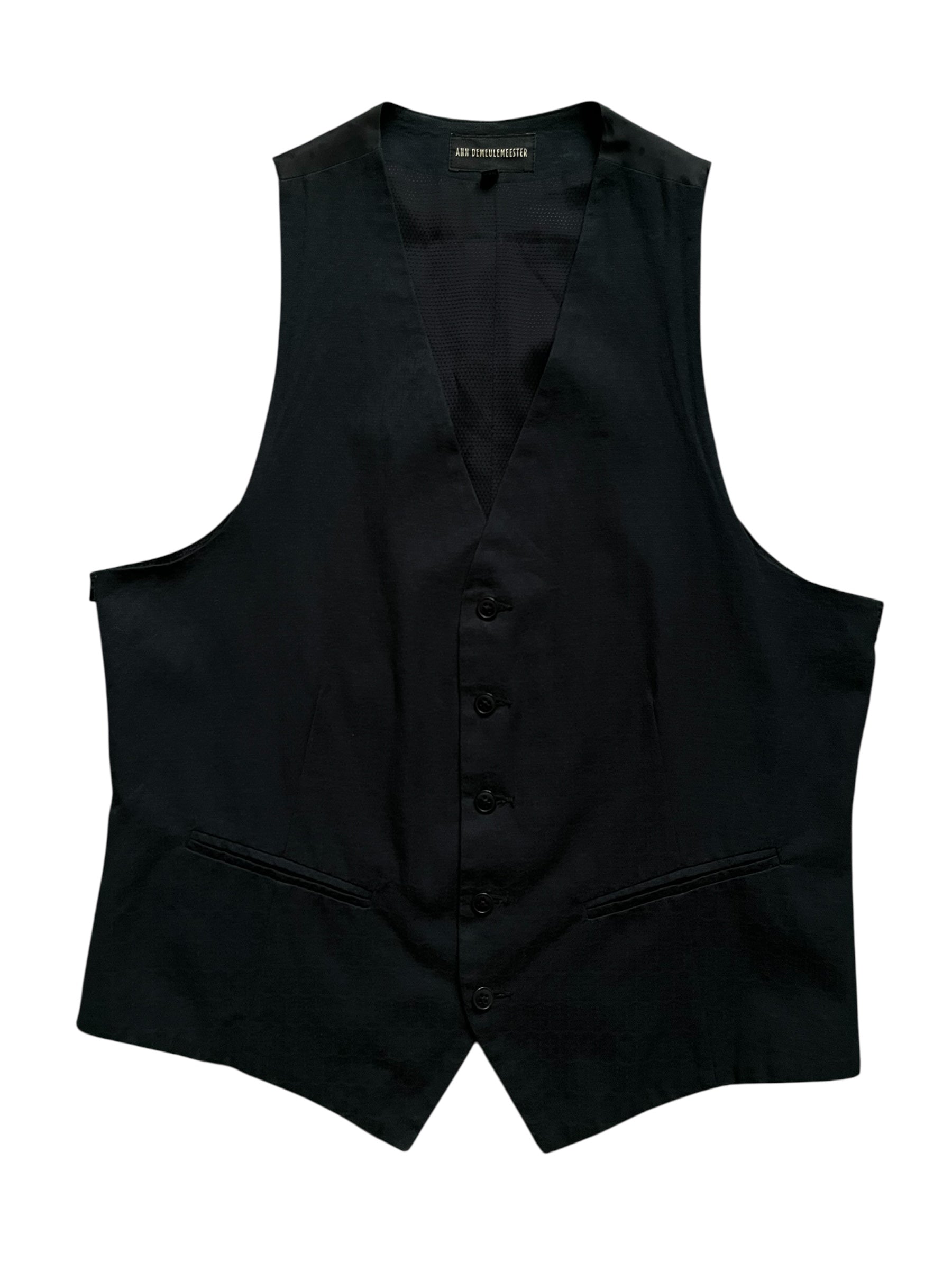 Navy wool vest by Ann Demeulemeester, showcasing a fitted sleeveless design with a textured wool fabric.