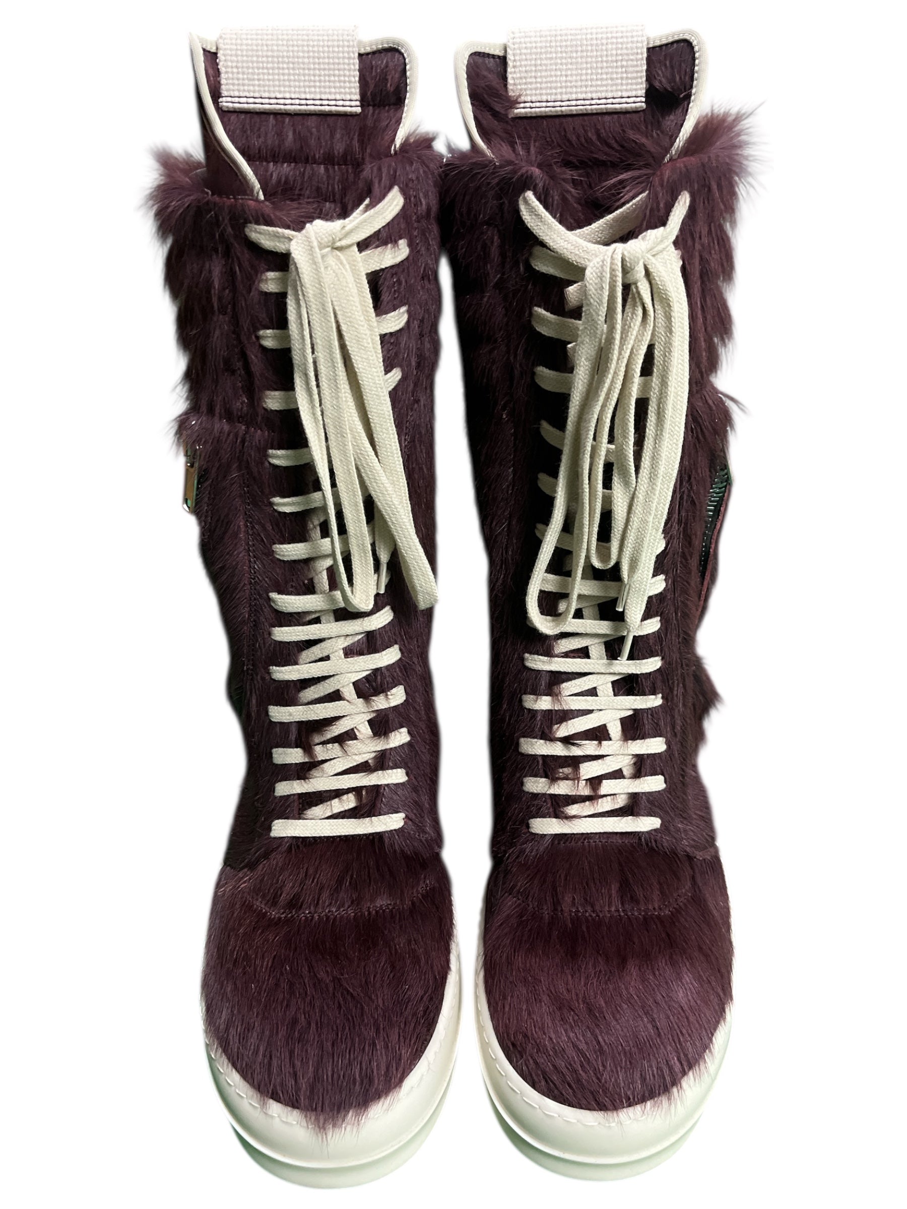 Rick Owens FW23 Luxor Amethyst Pony Hair Cargo Geobasket sneakers featuring purple pony hair and rugged cargo-style design.