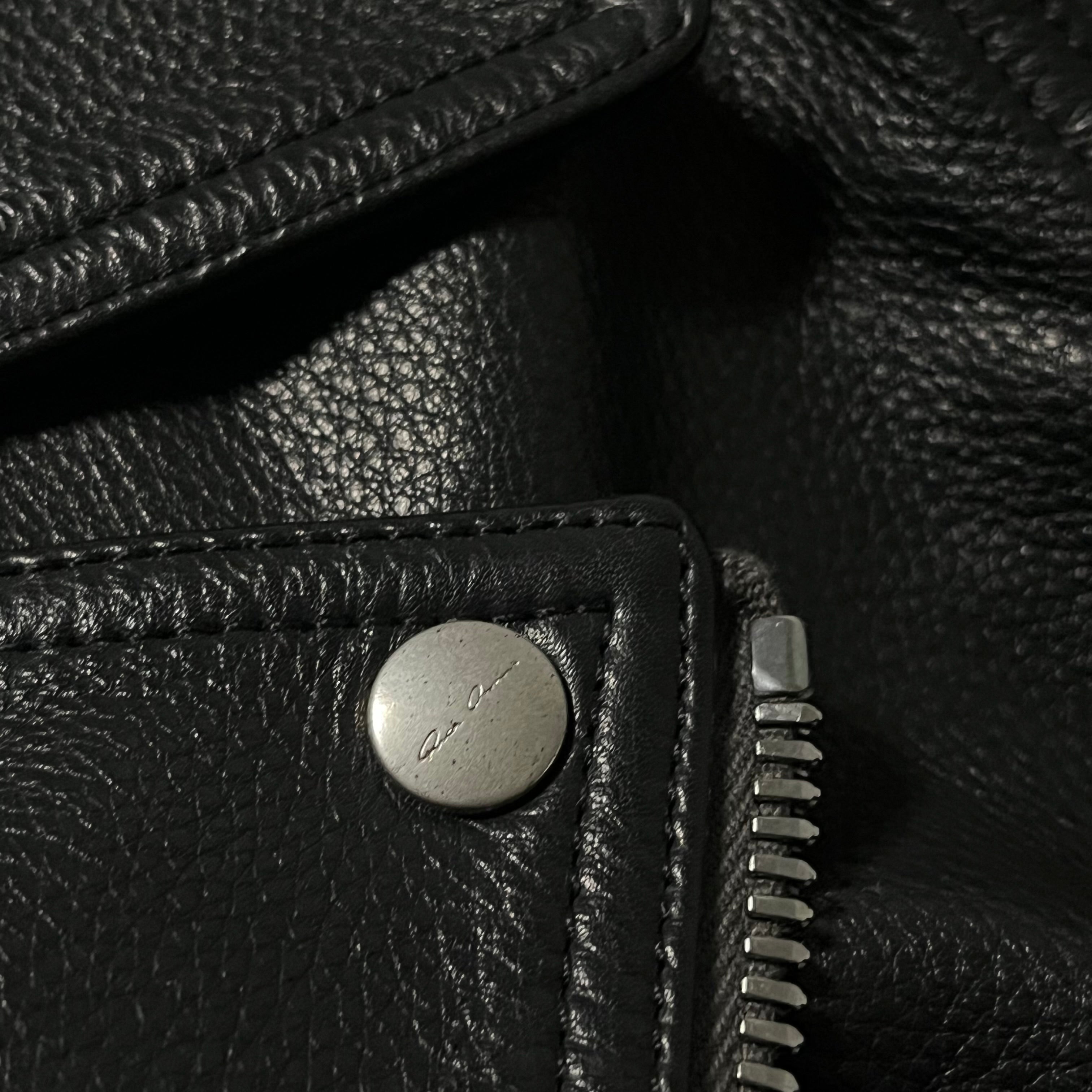 Rick Owens SS21 Phlegethon Stooges Biker Jacket in black leather with silver hardware and classic biker design.