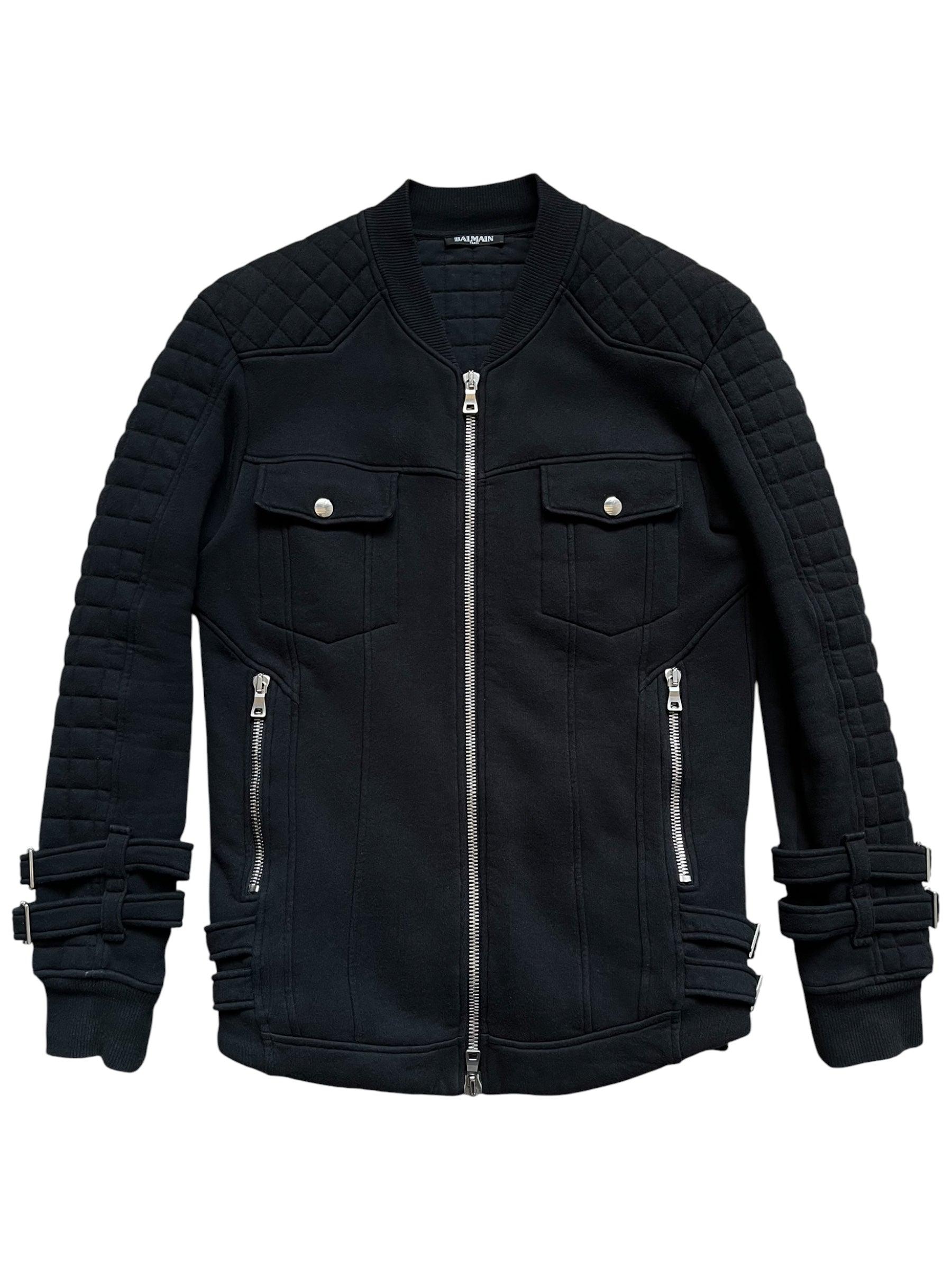 Balmain SS14 sweater biker jacket featuring a stylish, fitted design with zipper details and a sleek, modern look.