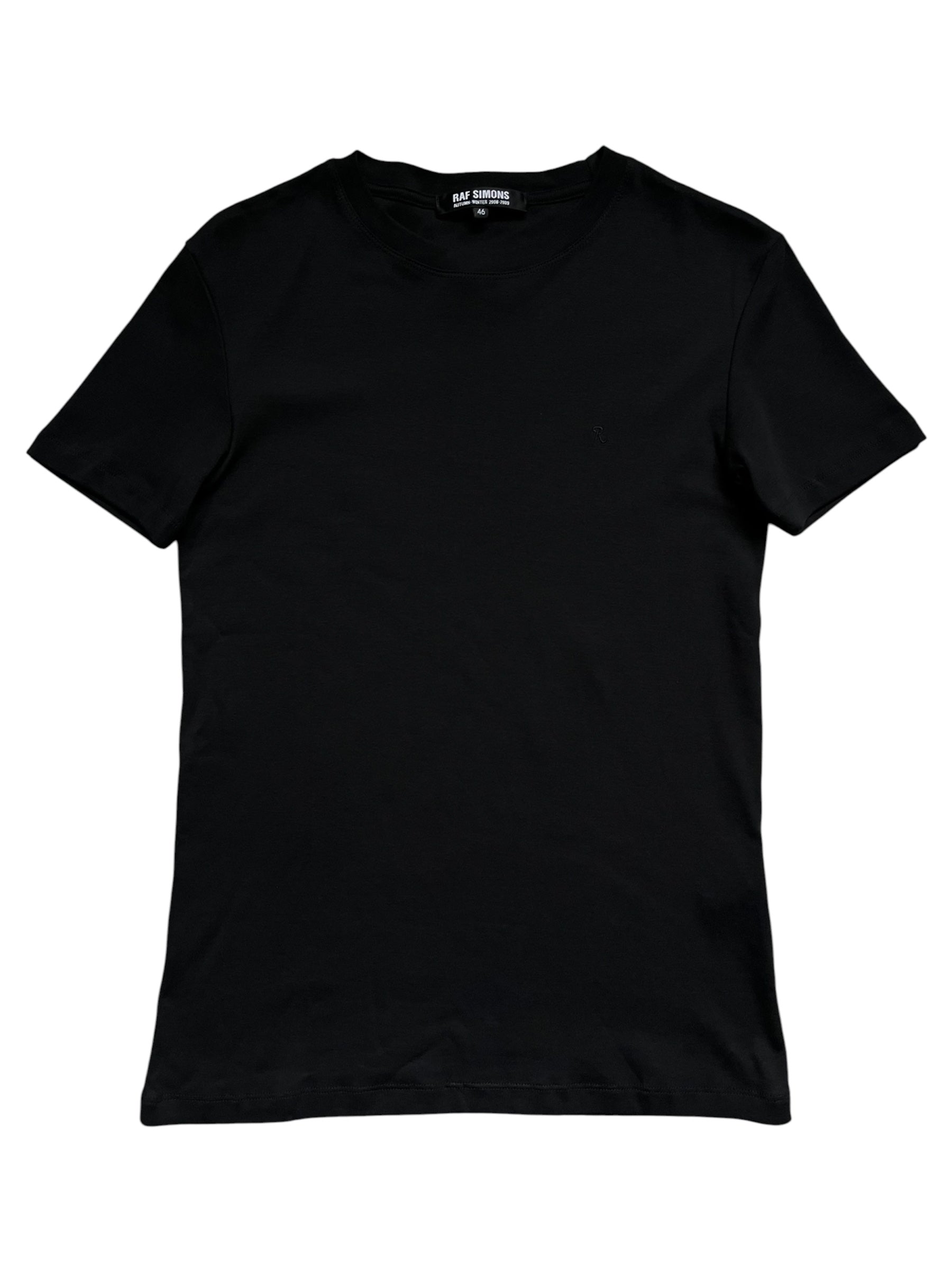 Black Raf Simons T-shirt with a simple crew neck and minimal design, displayed on a plain background.