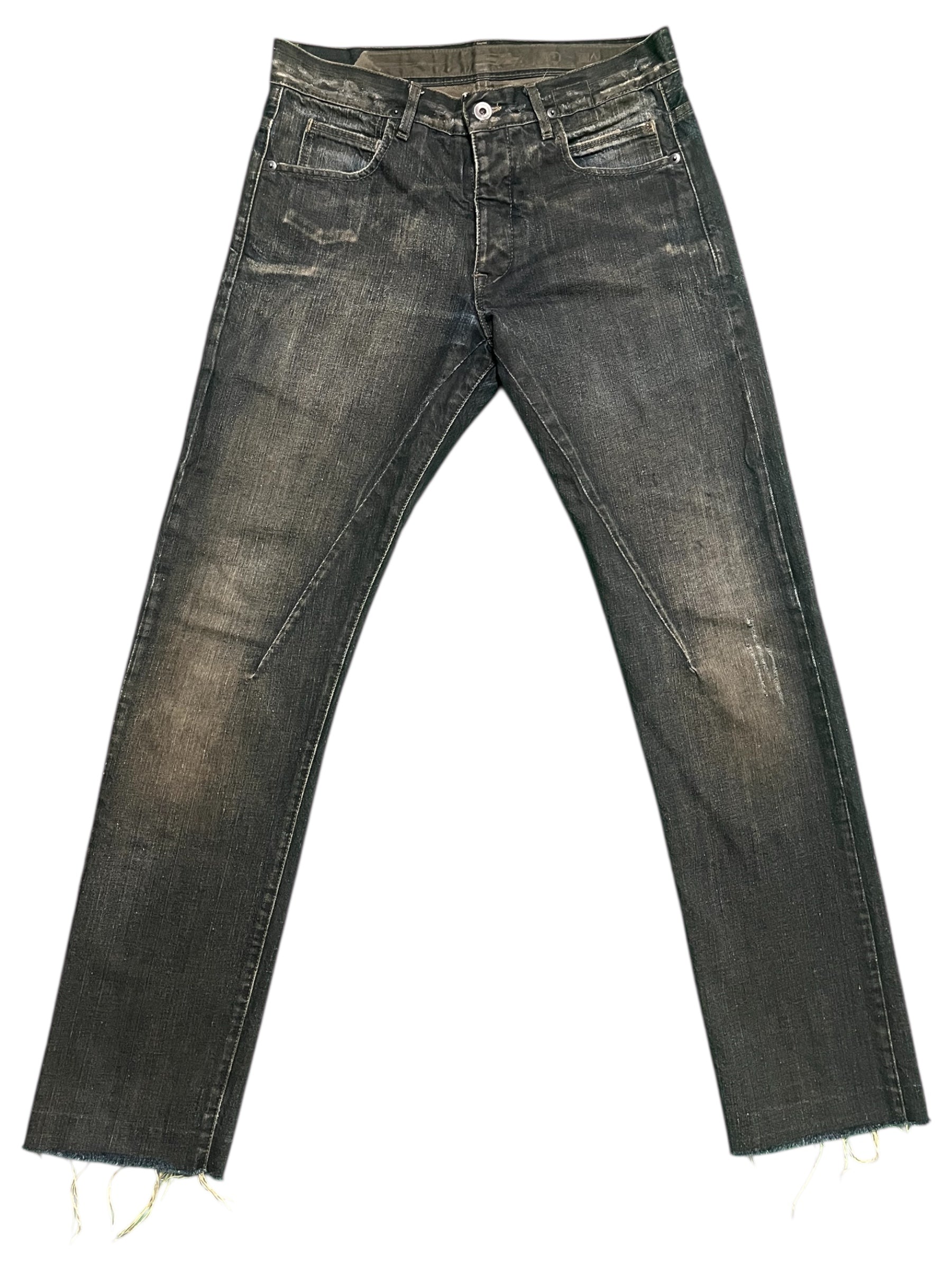 Rick Owens FW08 Stag Clawmark denim pants with distressed details and unique design, showcased on a model.