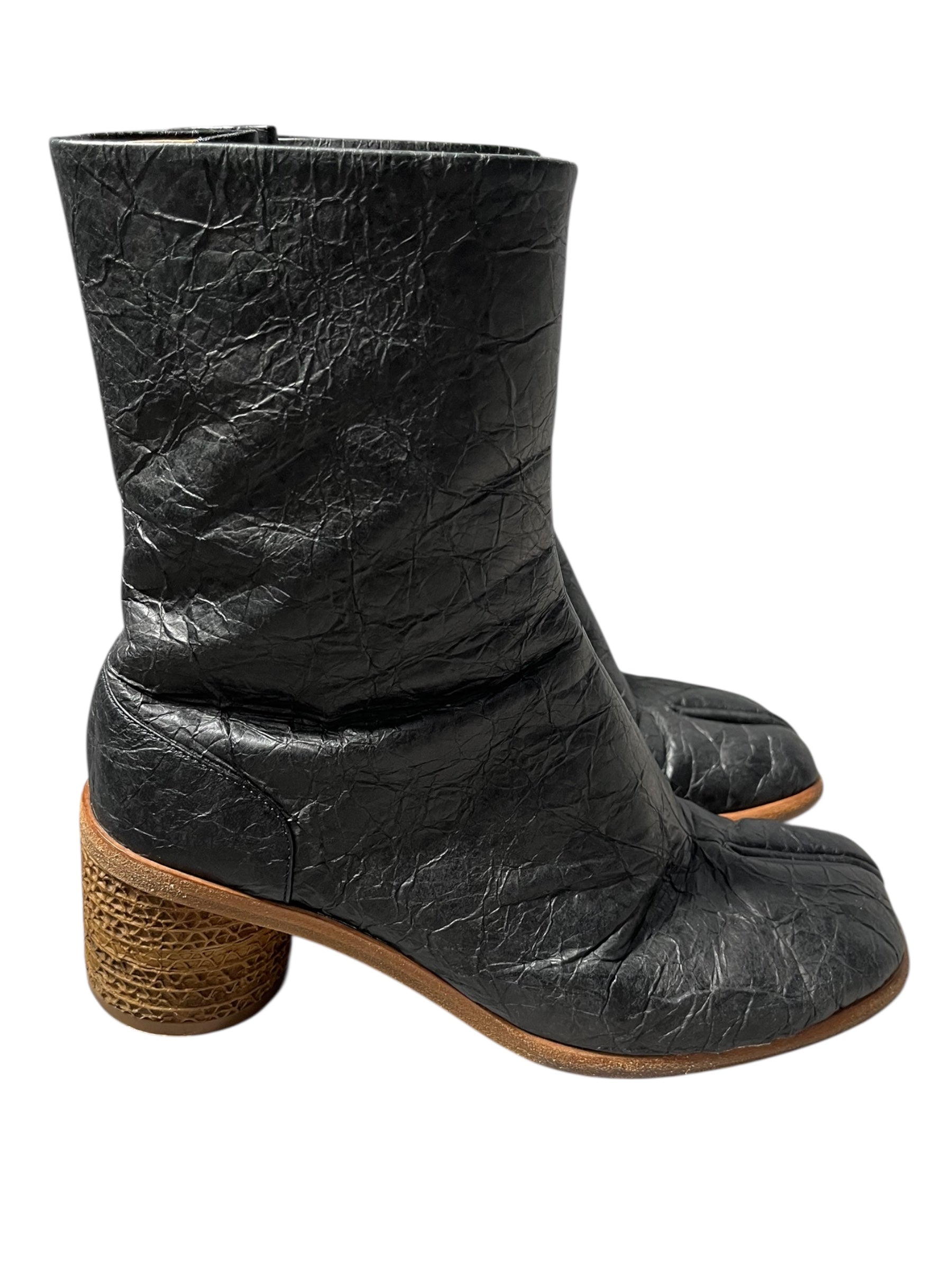 Maison Margiela SS22 crinkled paper effect leather tabi boots, stylish footwear with textured leather and split toe design.