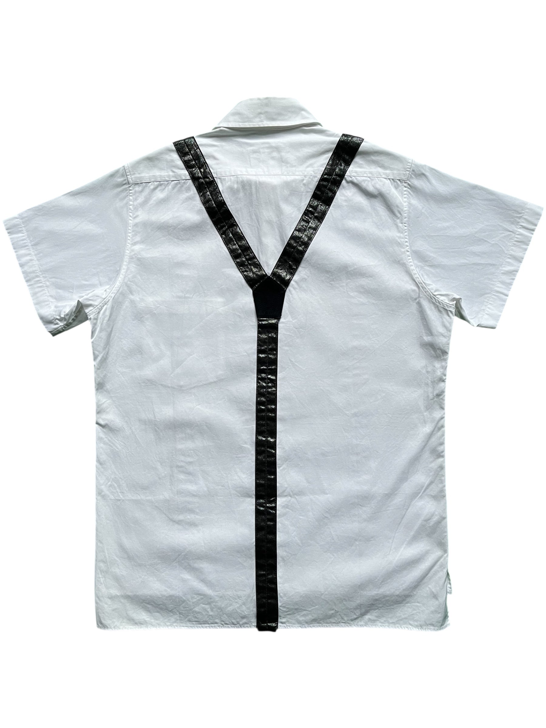 Yohji Yamamoto SS07 Trompe-L’œil suspenders shirt showing black fabric with printed suspenders design and button details.