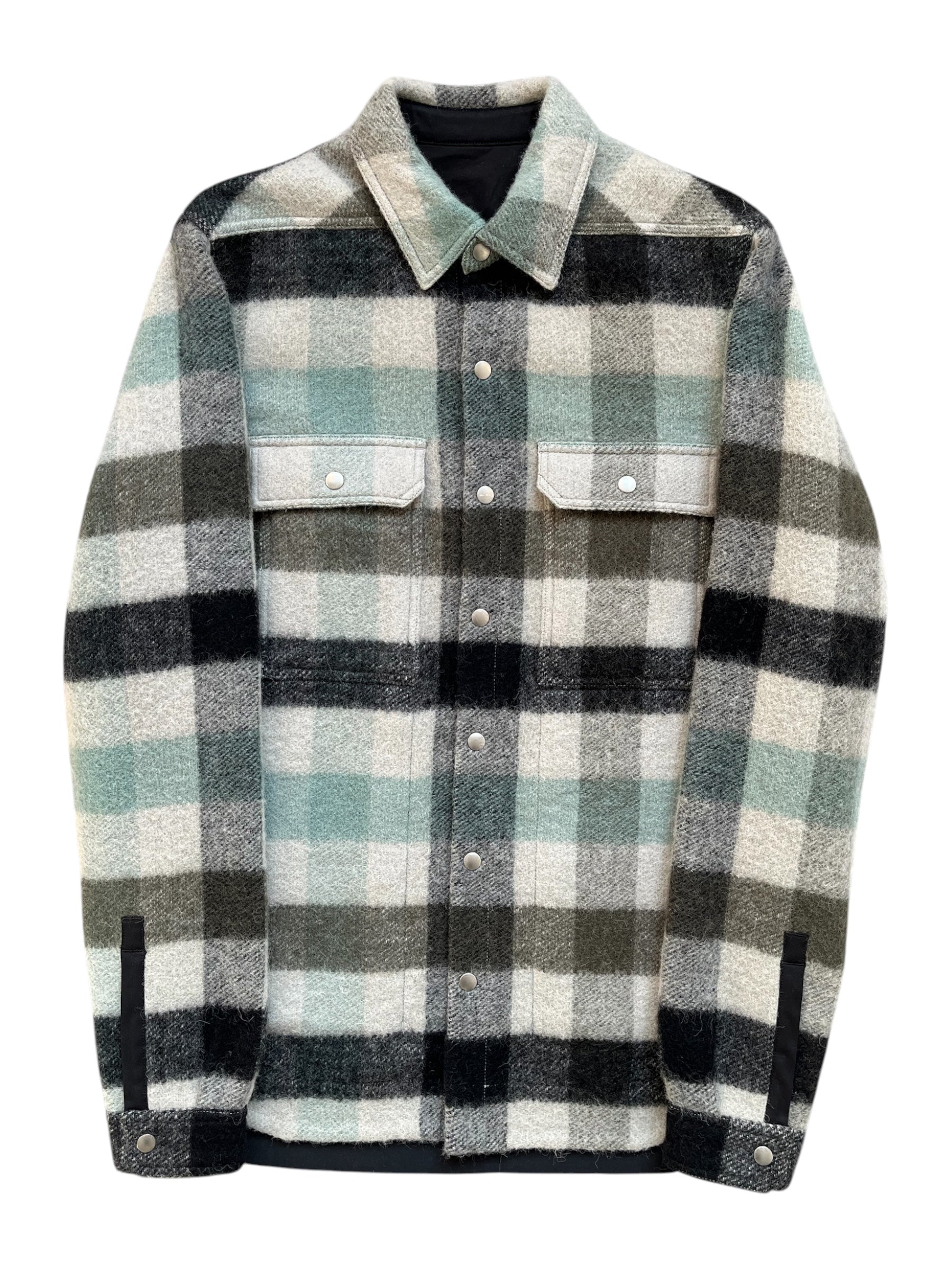 Rick Owens FW22 Strobe Pearl Plaid Alpaca Overshirt jacket, featuring plaid pattern and plush alpaca fabric, displayed on a mannequin.