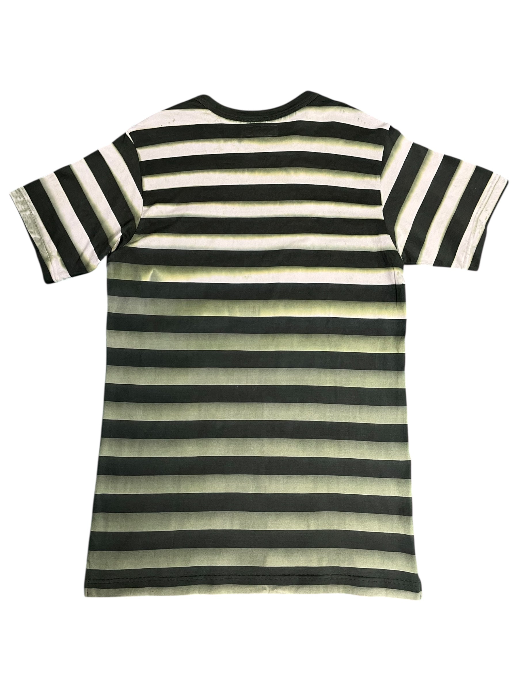 Yohji Yamamoto SS02 striped T-shirt with black and white vertical stripes, casual fit, and classic crew neckline.