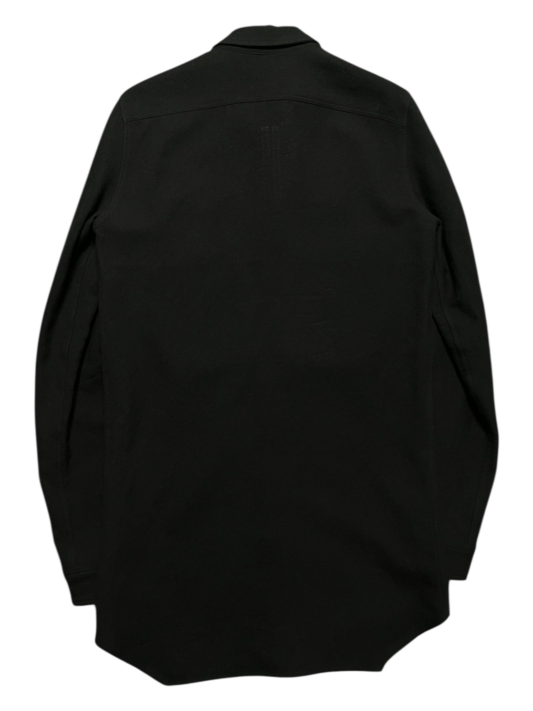 Rick Owens FW16 Mastodon wool gabardine overshirt in dark color, shown with collar and button closures.