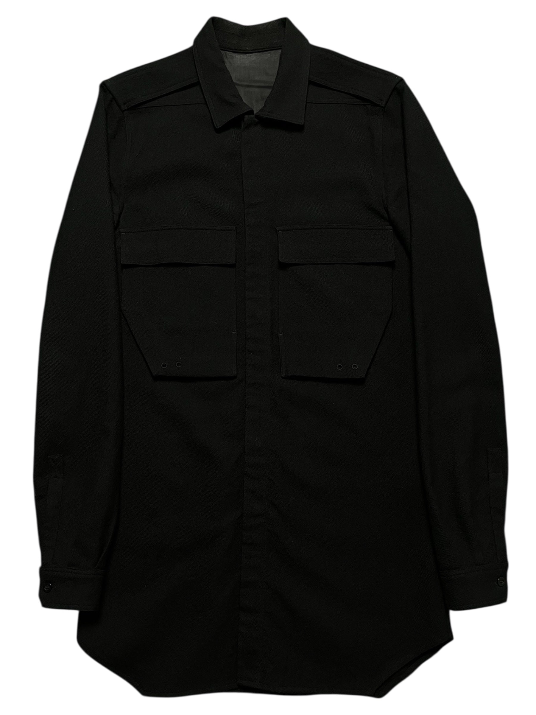 Rick Owens FW16 Mastodon wool gabardine overshirt in dark fabric, featuring a tailored fit and button-up front.