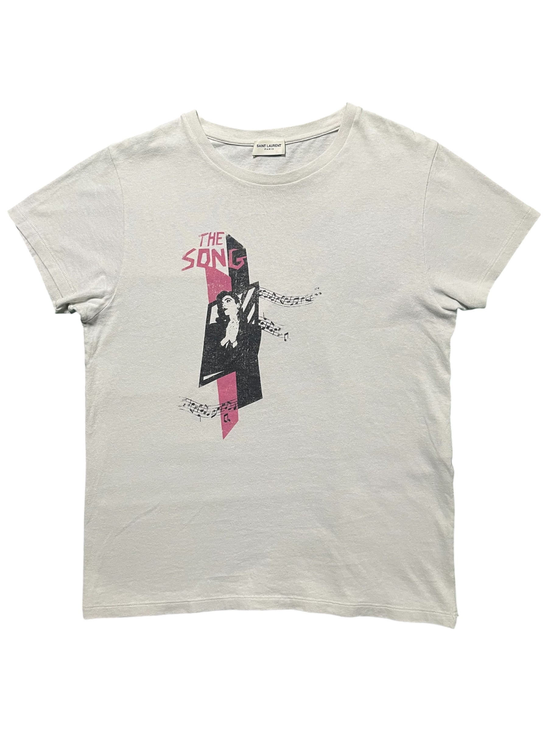 Saint Laurent SS19 The Song T-shirt in black, featuring graphic print and casual fit, displayed on a plain background.