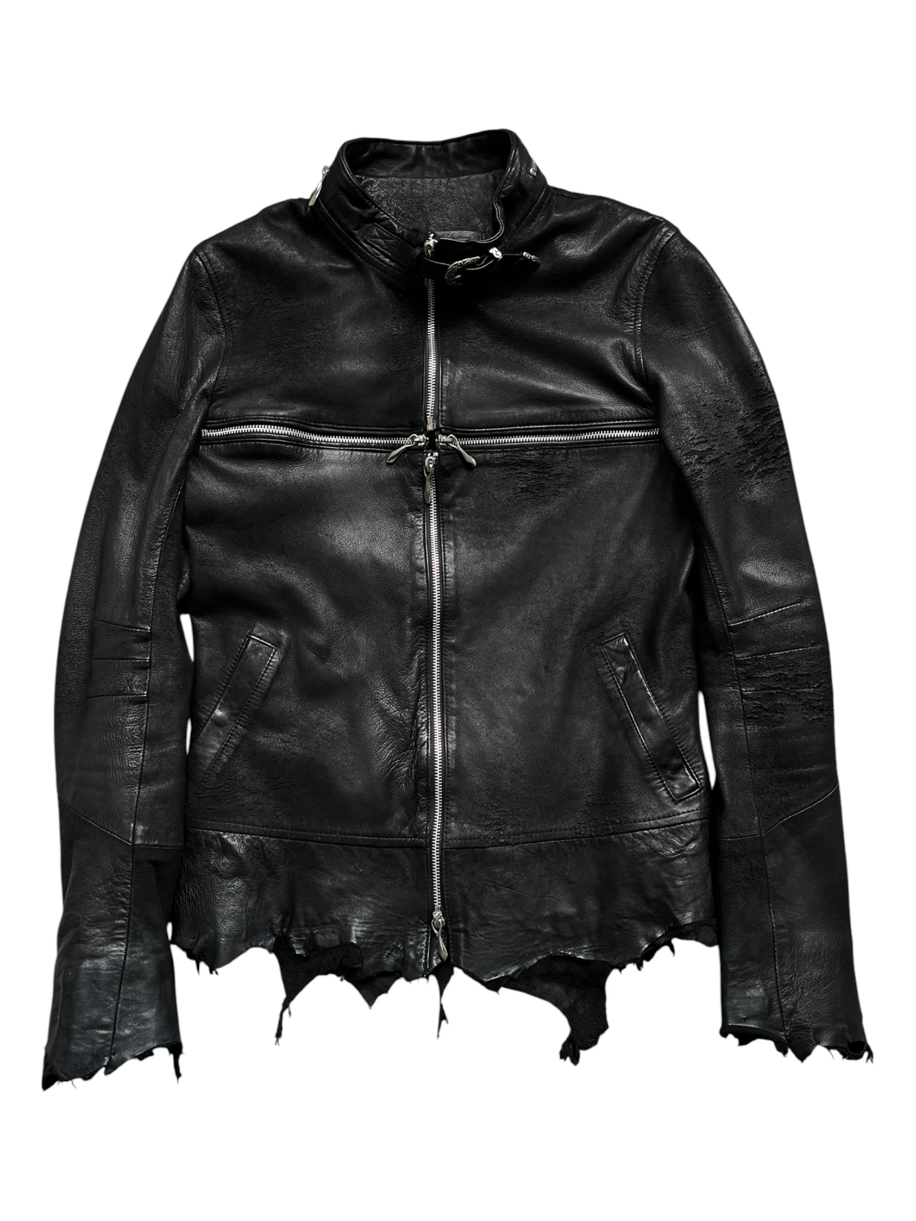 Cross-Zip Black Distressed Sheepskin Jacket