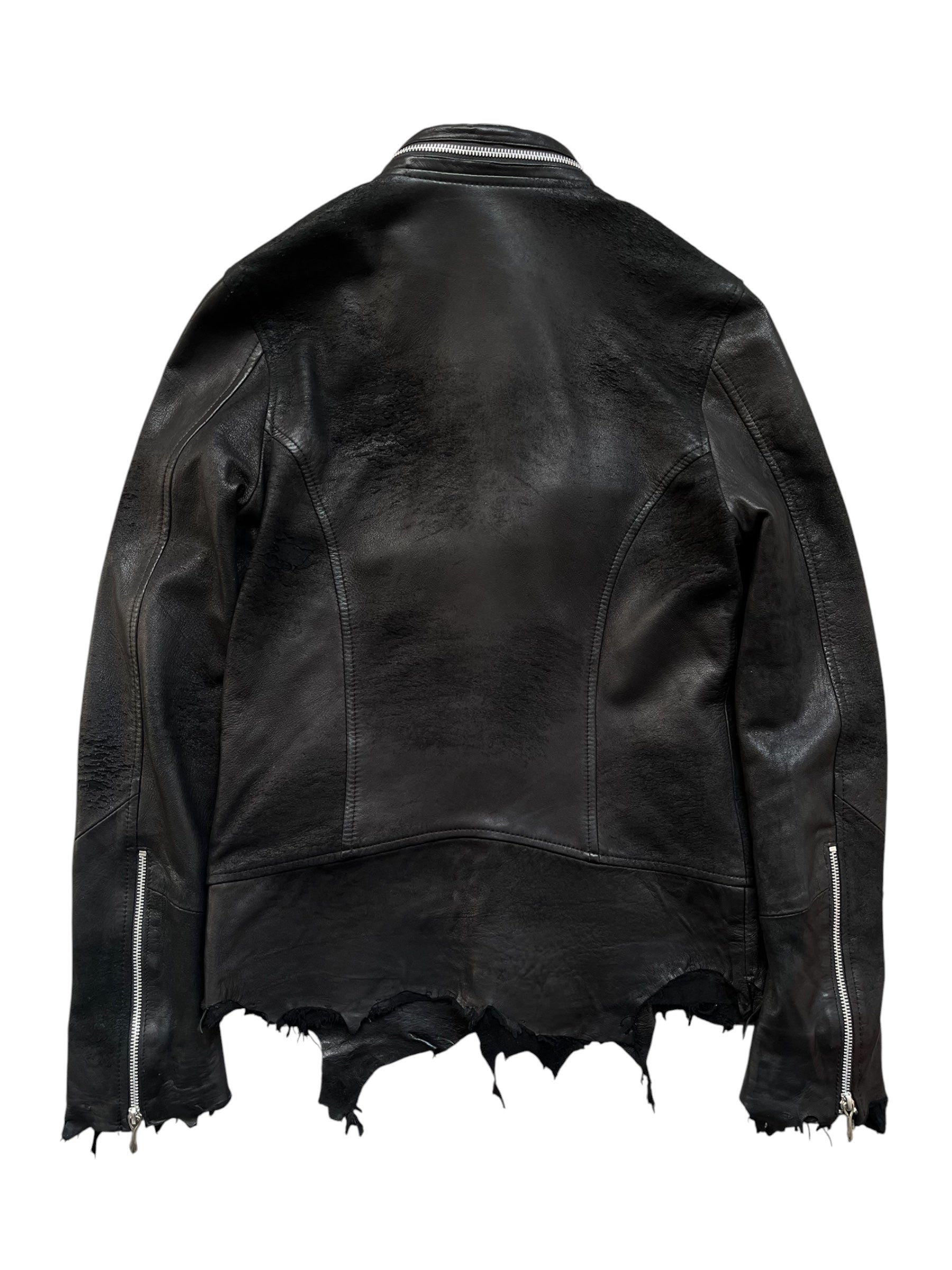 Cross-Zip Black Distressed Sheepskin Jacket