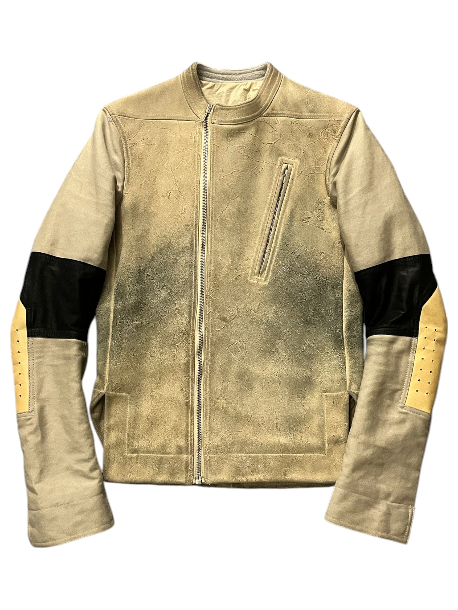 Rick Owens FW14 Moody cowskin fencing jacket displayed on a hanger with detailed leather texture and unique design features.