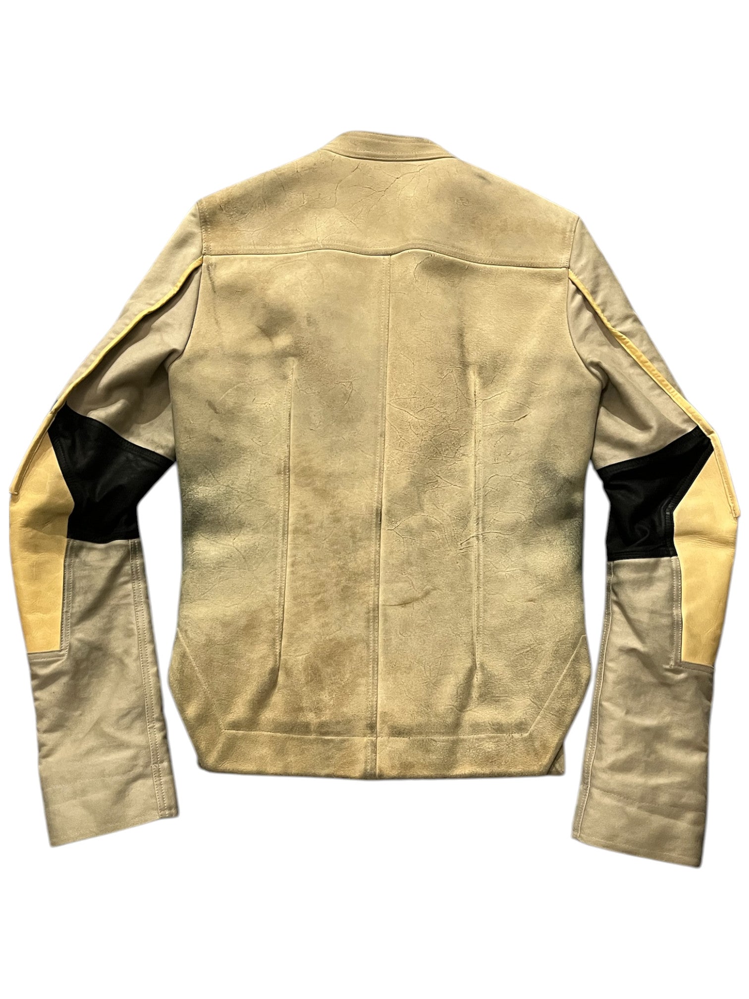 Rick Owens Moody cowskin fencing jacket showing textured leather with a sleek, modern design and structured fit.