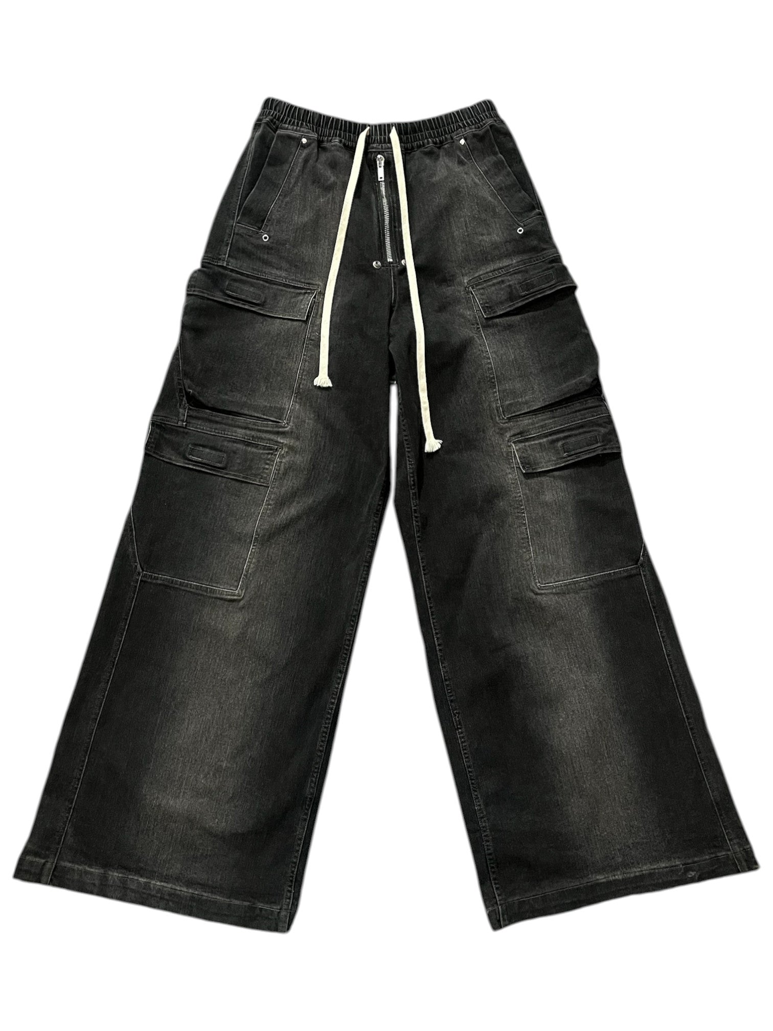 Rick Owens DRKSHDW Bella Double Cargo Denim pants with multiple pockets and relaxed fit, displayed on a white background.