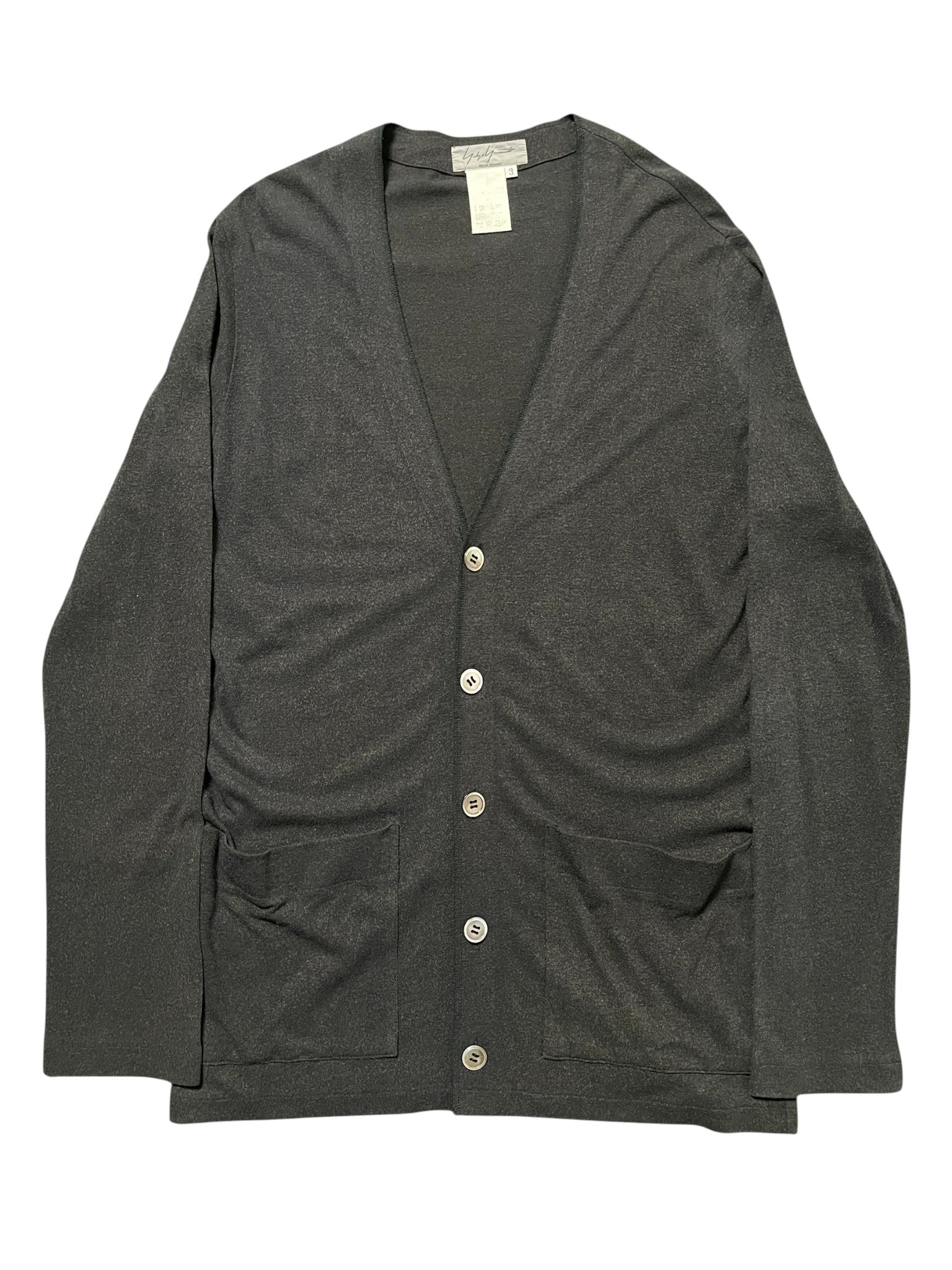 Yohji Yamamoto AW00 loose cardigan in soft fabric, featuring a relaxed fit and minimalist design, shown on a neutral background.